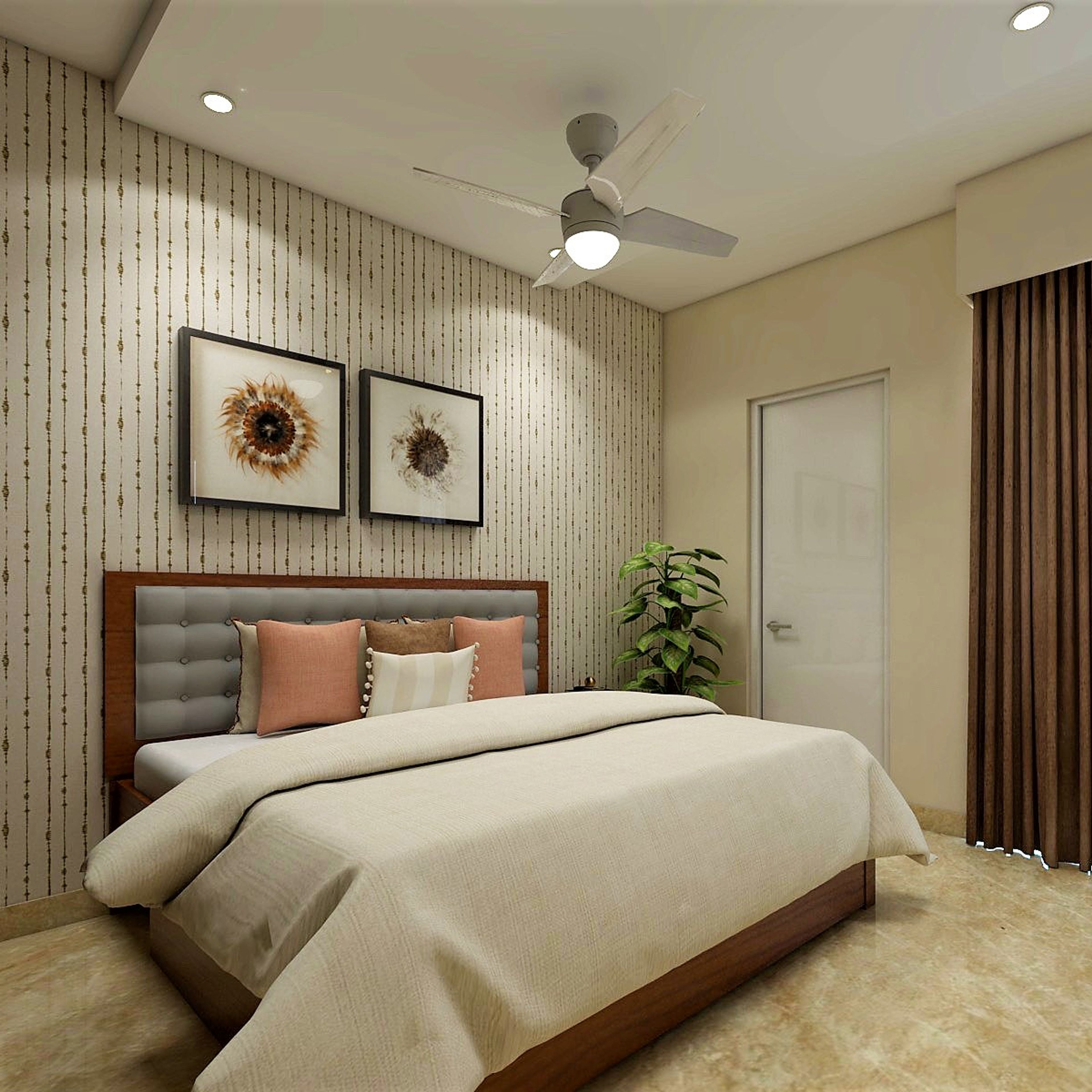 Modern Beige Master Bedroom Design With Striped Wallpaper
