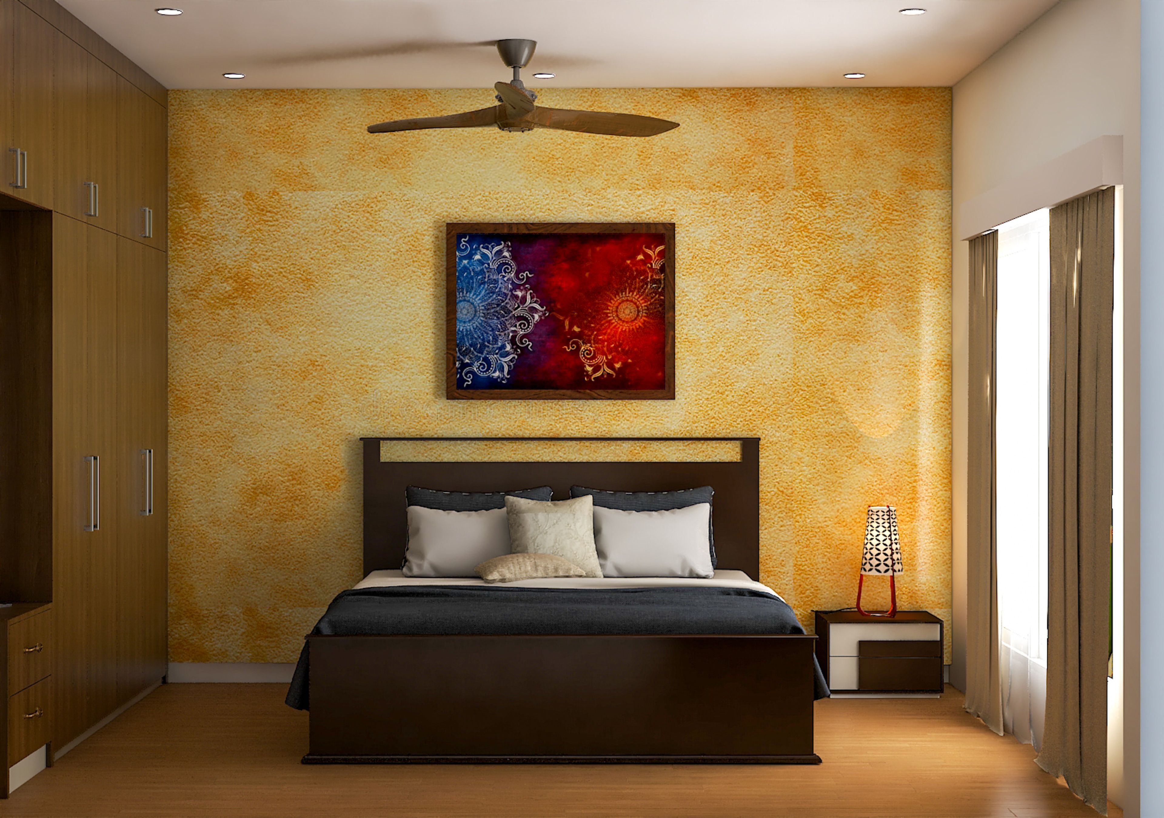 Modern Master Bedroom With Textured Yellow Wall Design