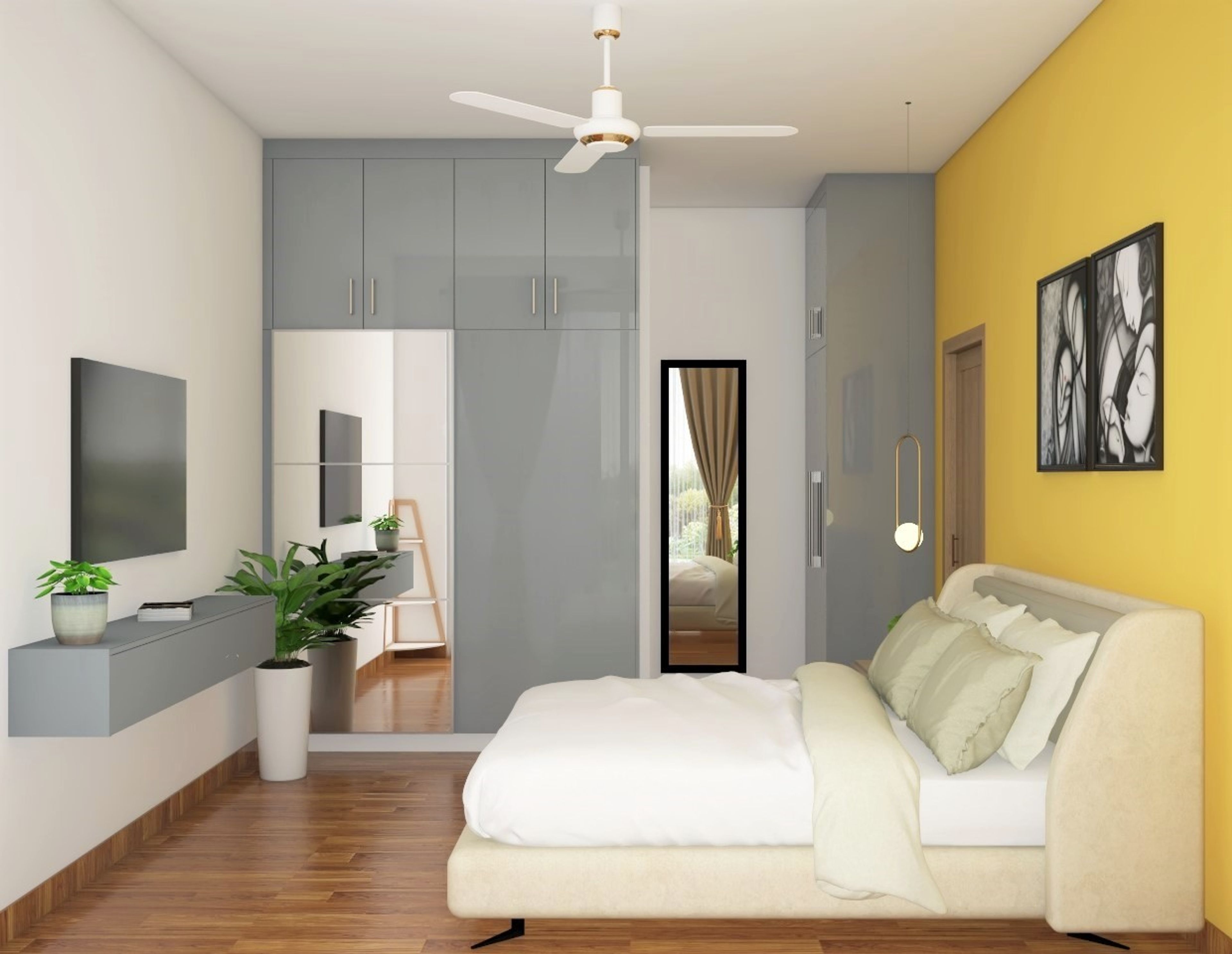 Modern Yellow And Grey Master Bedroom Design With TV Unit
