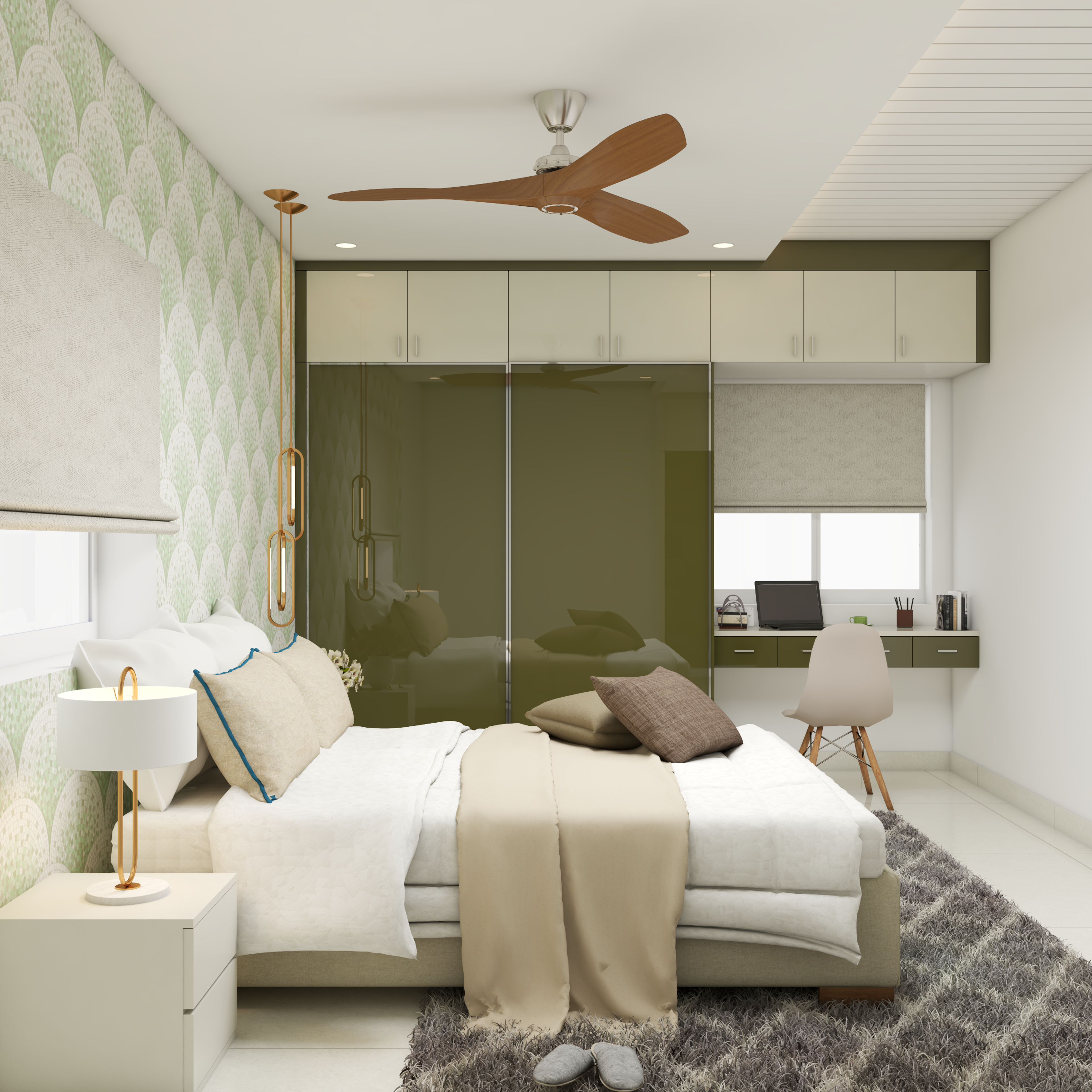 Modern Master Bedroom Design With Glossy Green Wardrobe