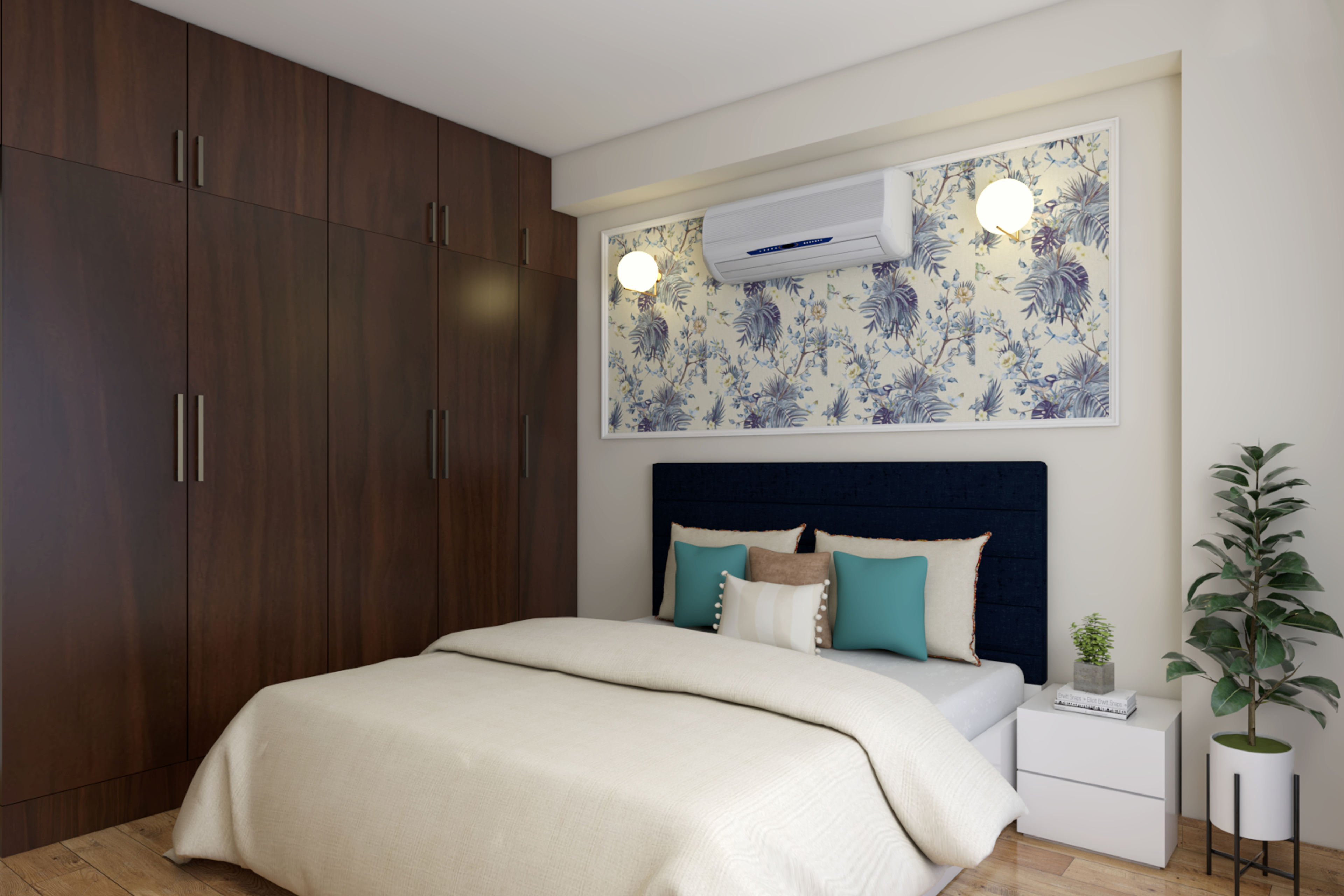 Modern Master Bedroom Design With Floral Wall Art