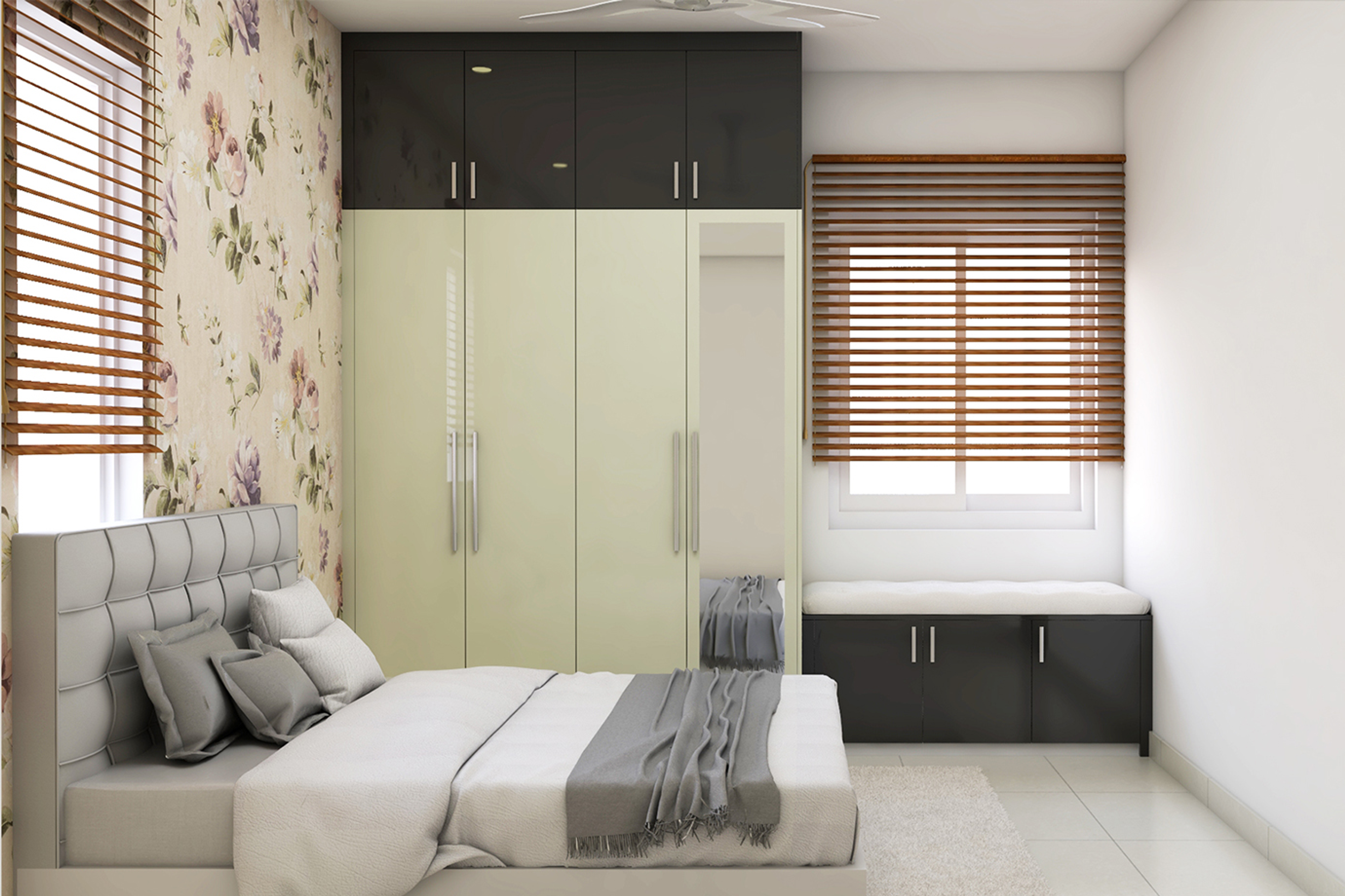 Compact Guest Room With Floral Wallpaper - Livspace