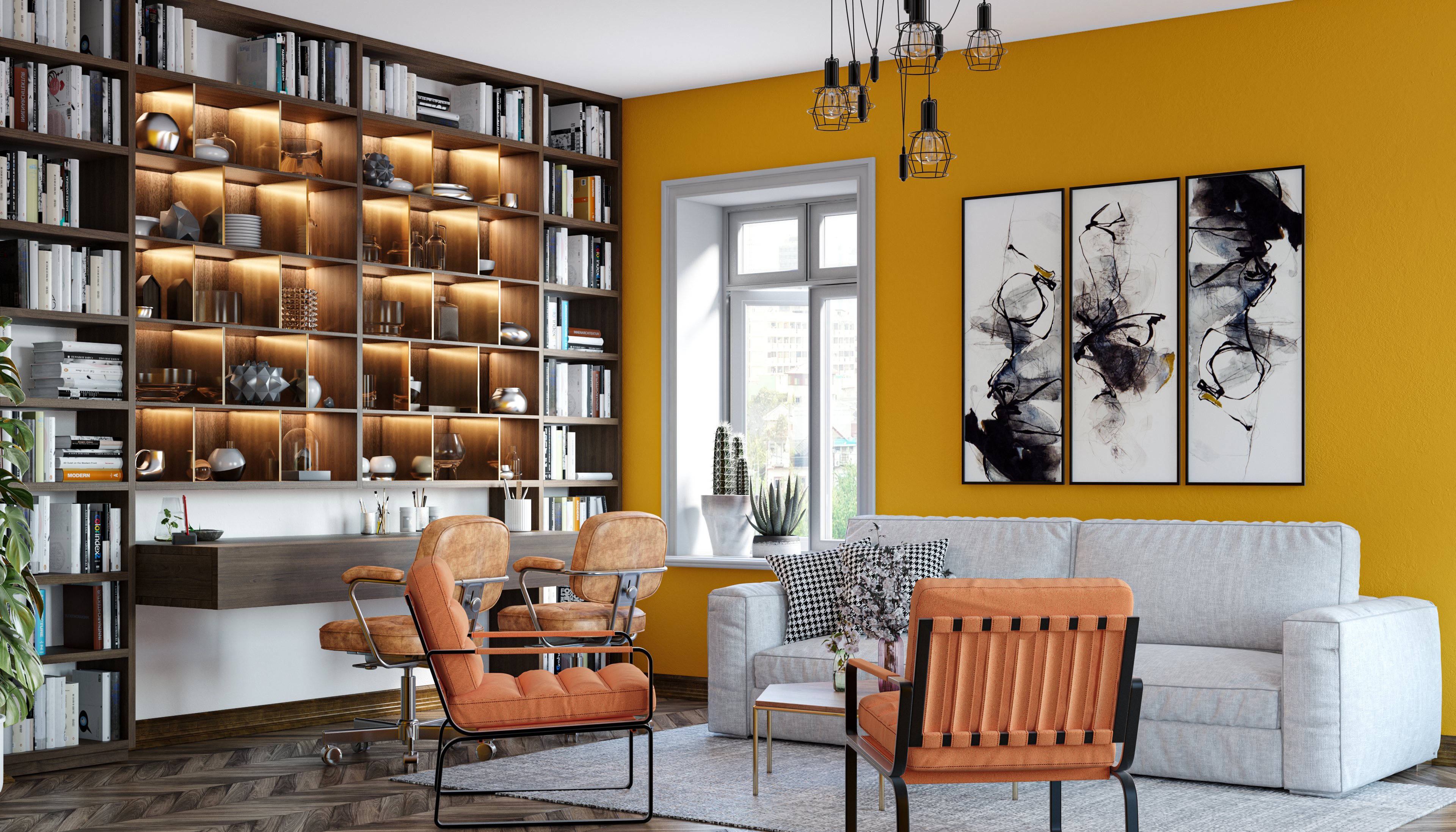 Modern Spacious Home Office Interior Design with Open Shelves