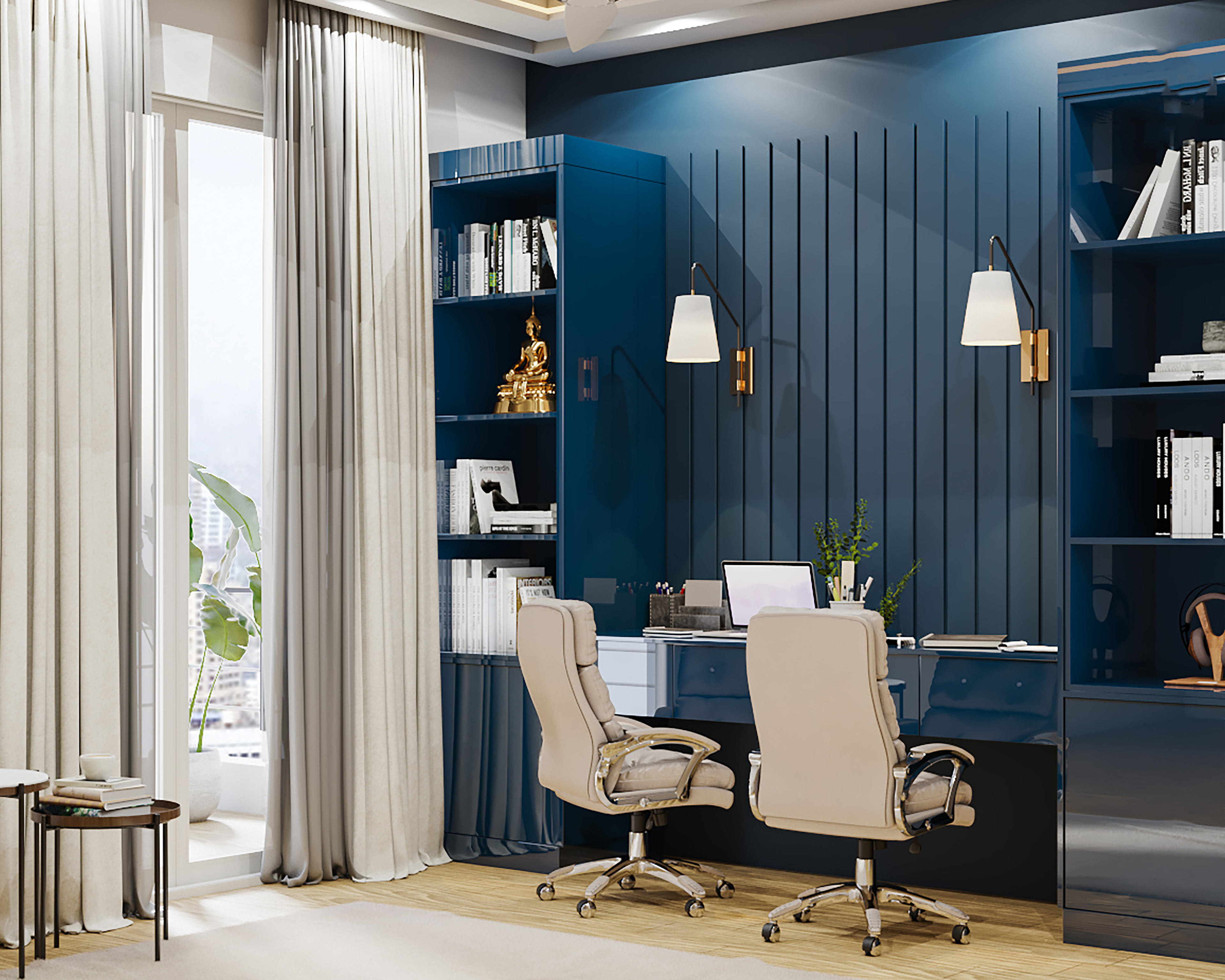 Blue Contemporary Spacious Home Office Interior Design with Glossy Finish