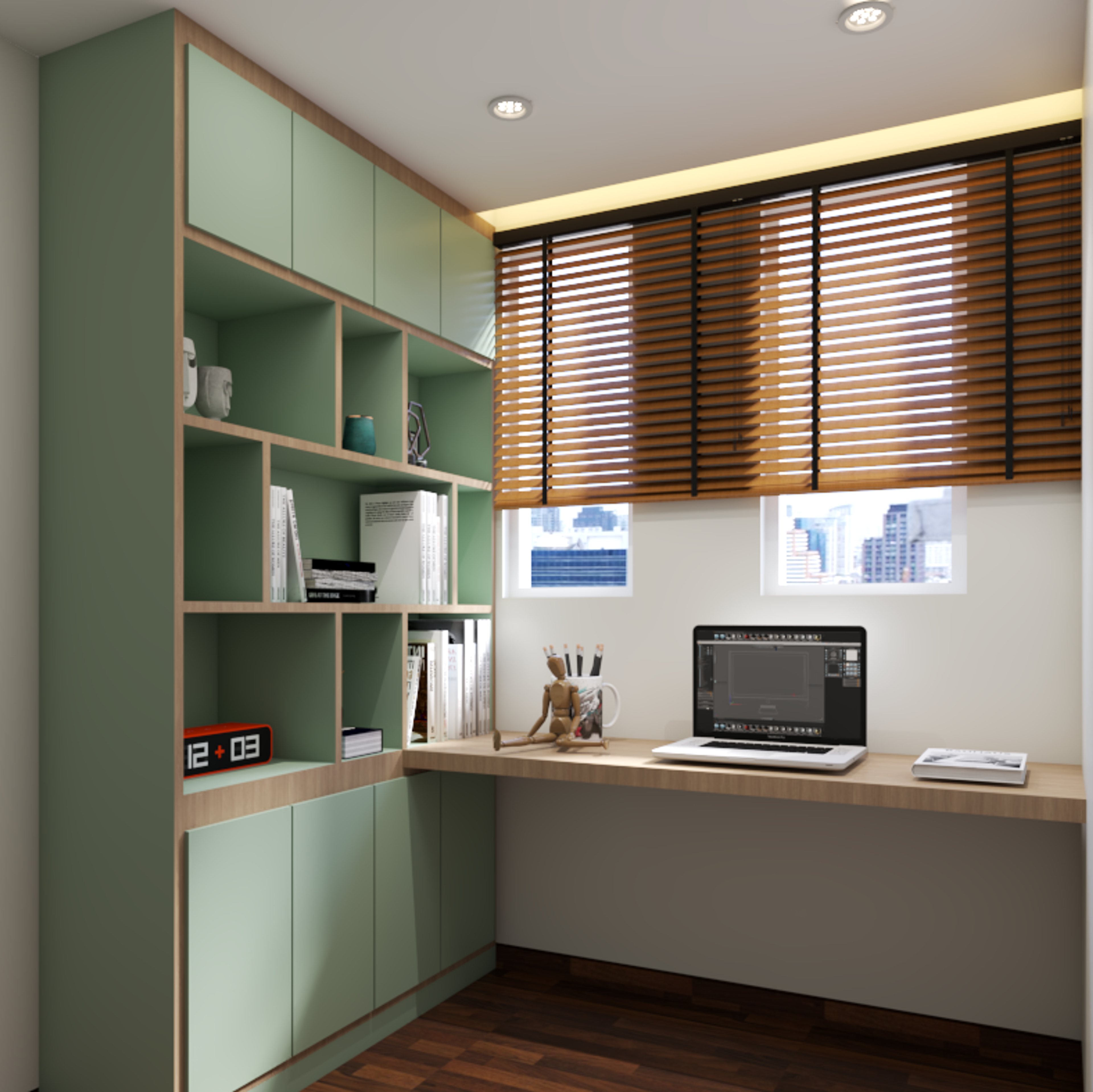 Wood and Green Modern Spacious Home Office Interior Design