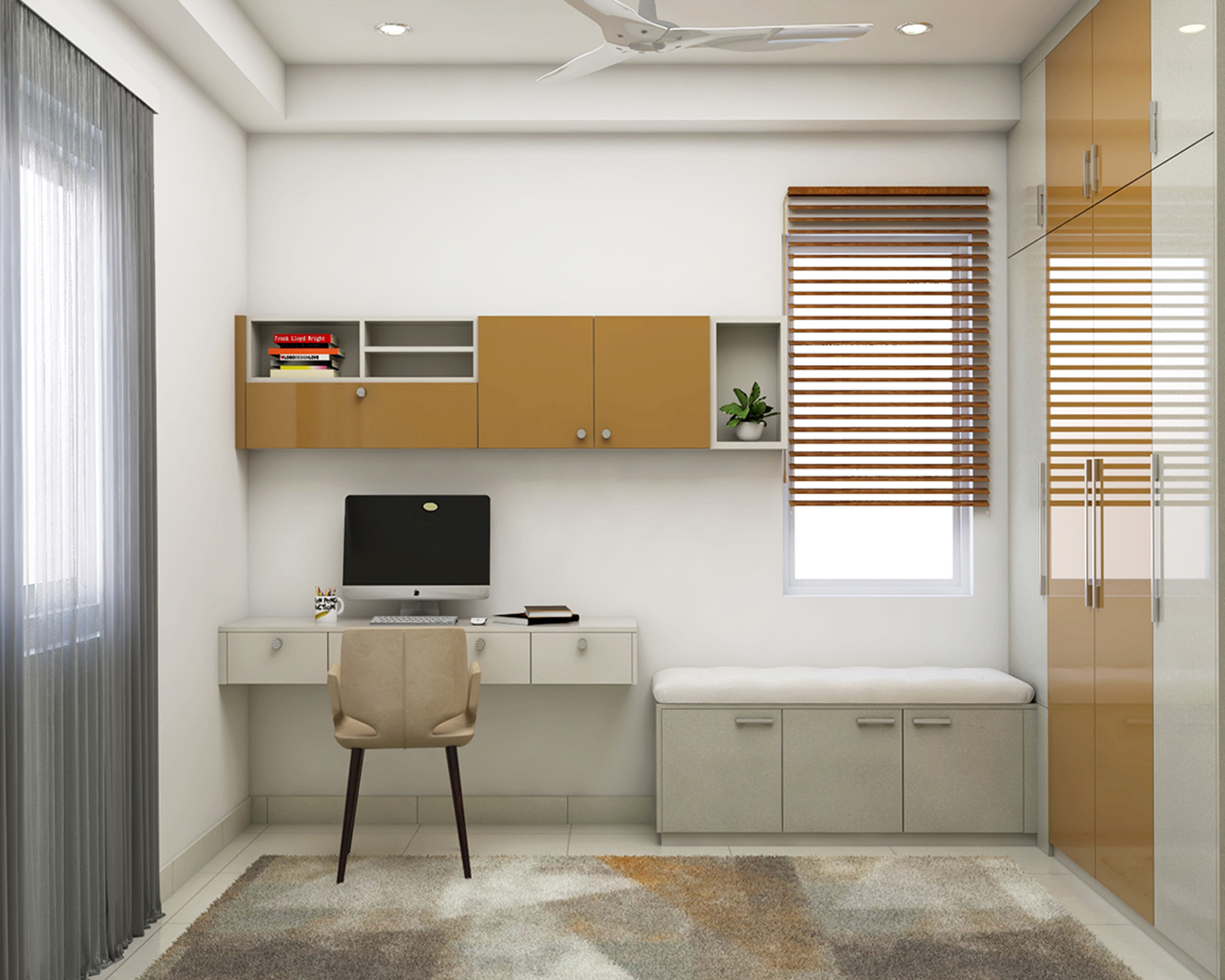 Yellow Modern Home Office Interior Design with Bench