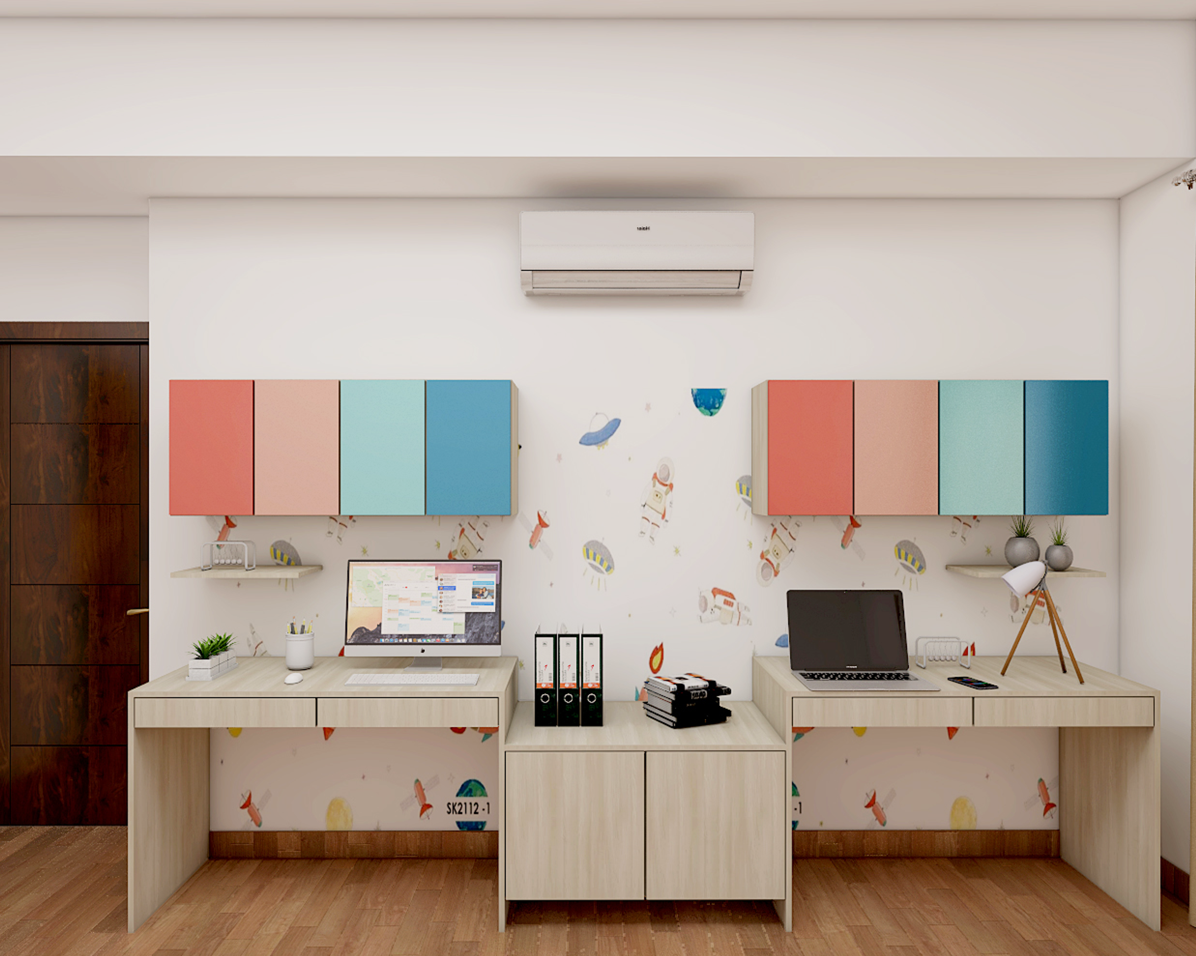 Colourful Printed Wall Modern Spacious Home Office Interior Design