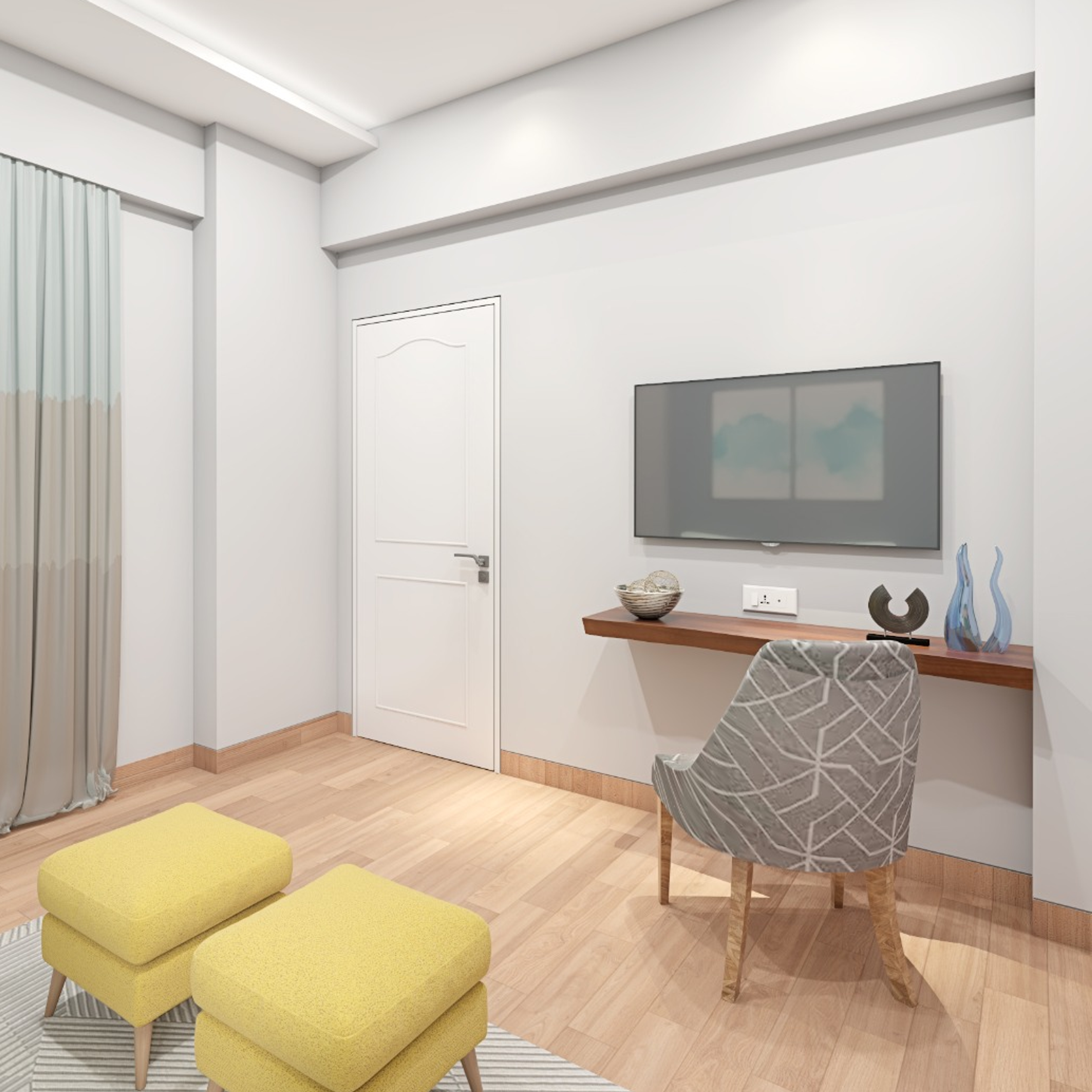 Contemporary Spacious Home Office Interior Design with Yellow Stools