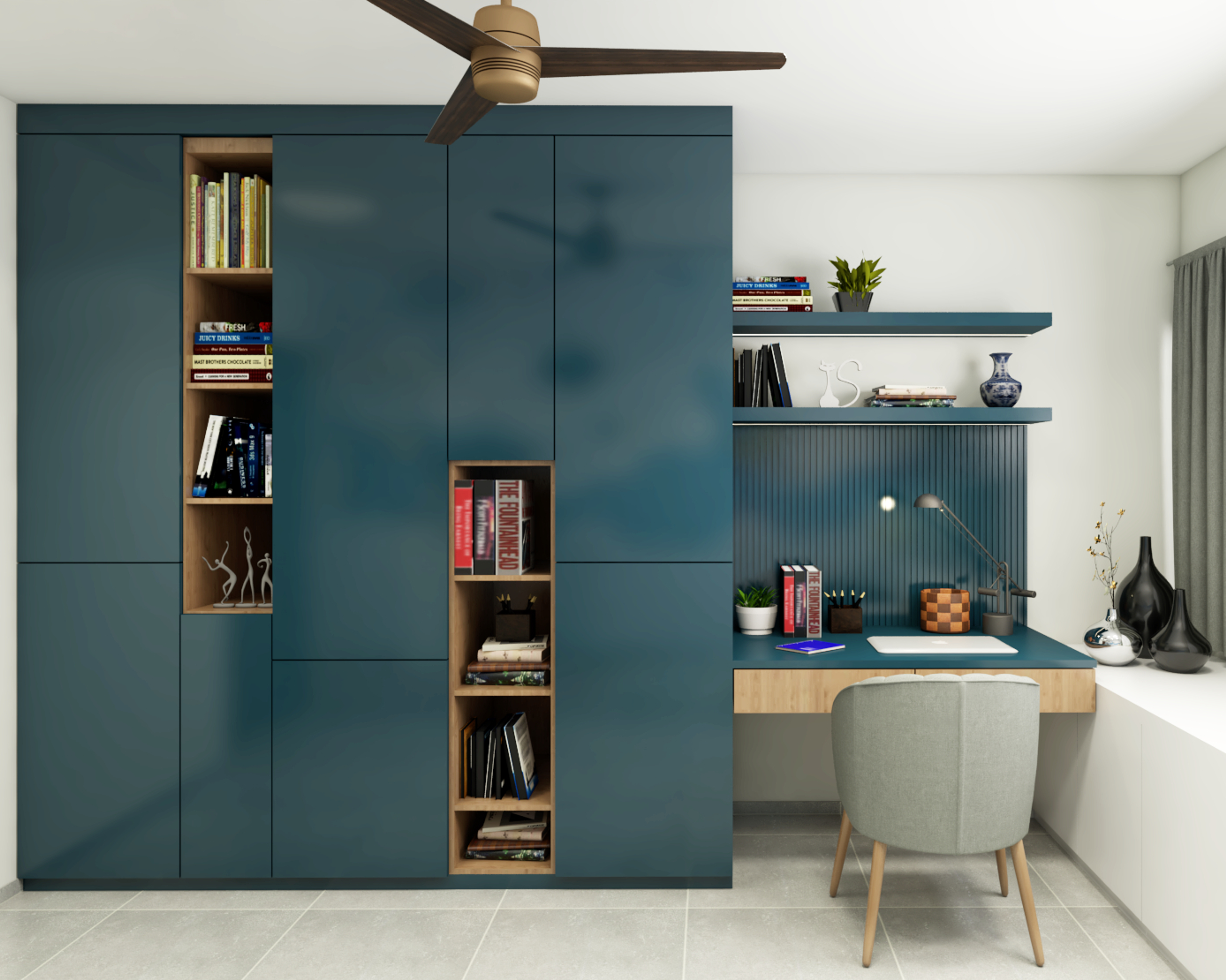 Blue and Wood Classic Spacious Home Office Interior Design