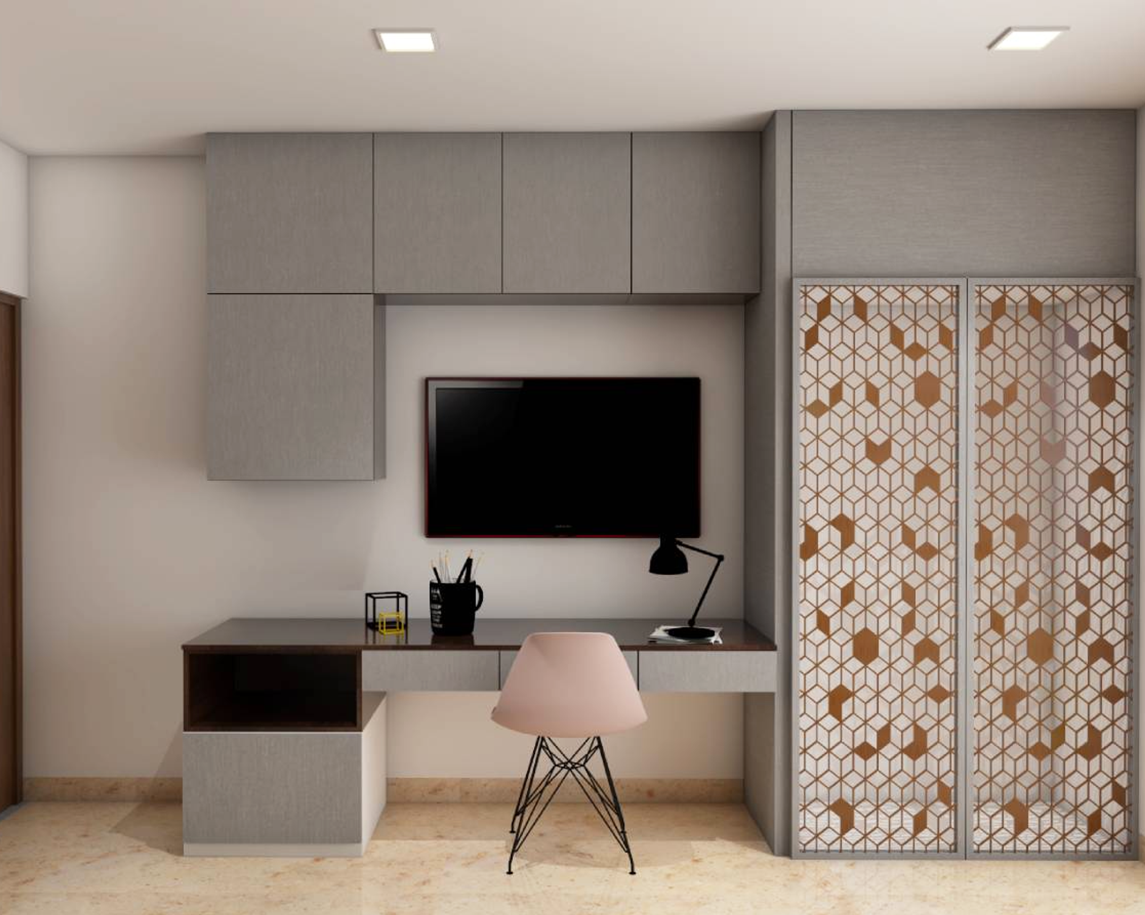 Contemporary Spacious Home Office Interior Design with Patterned Storage