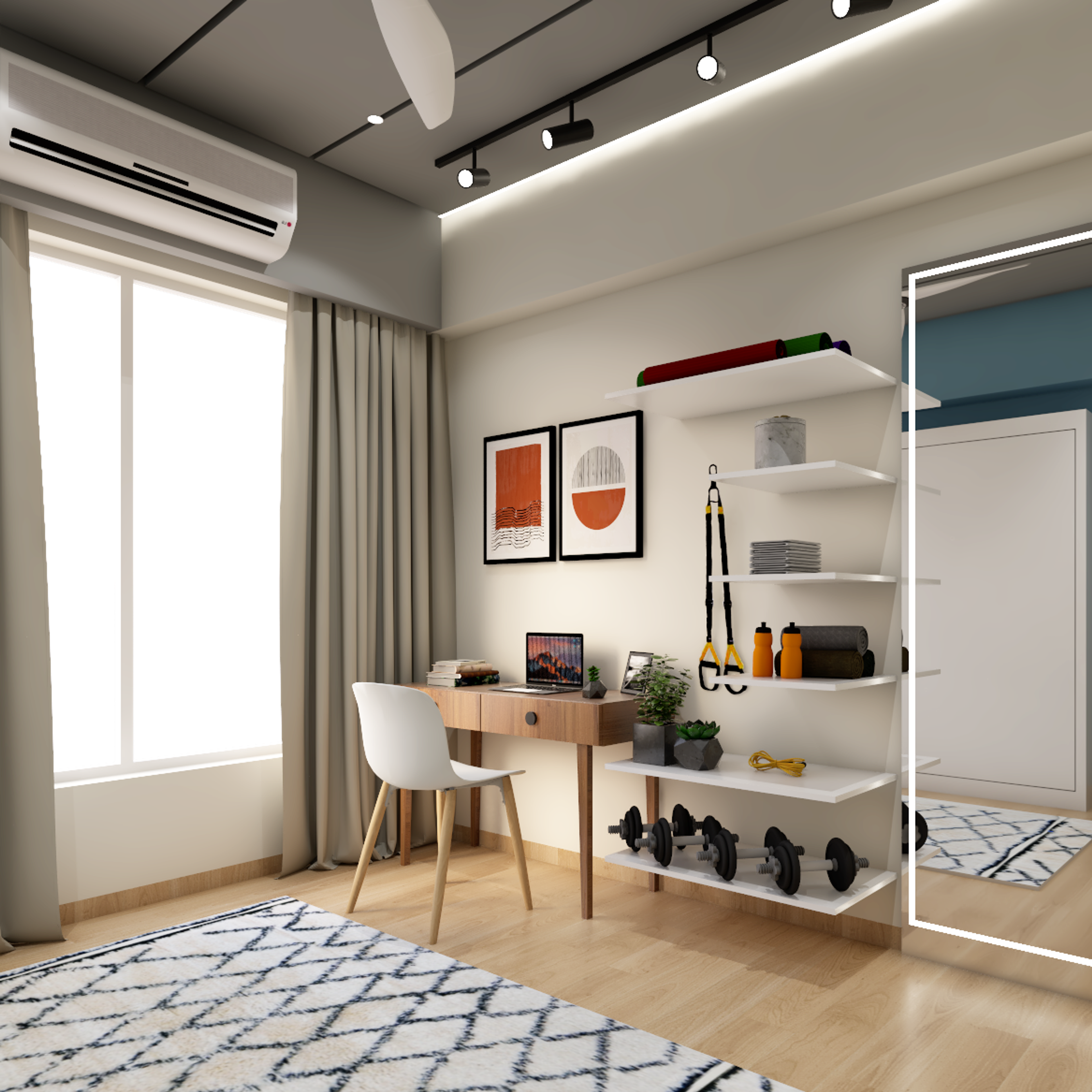 White Modern Spacious Home Office Interior Design with Shelves