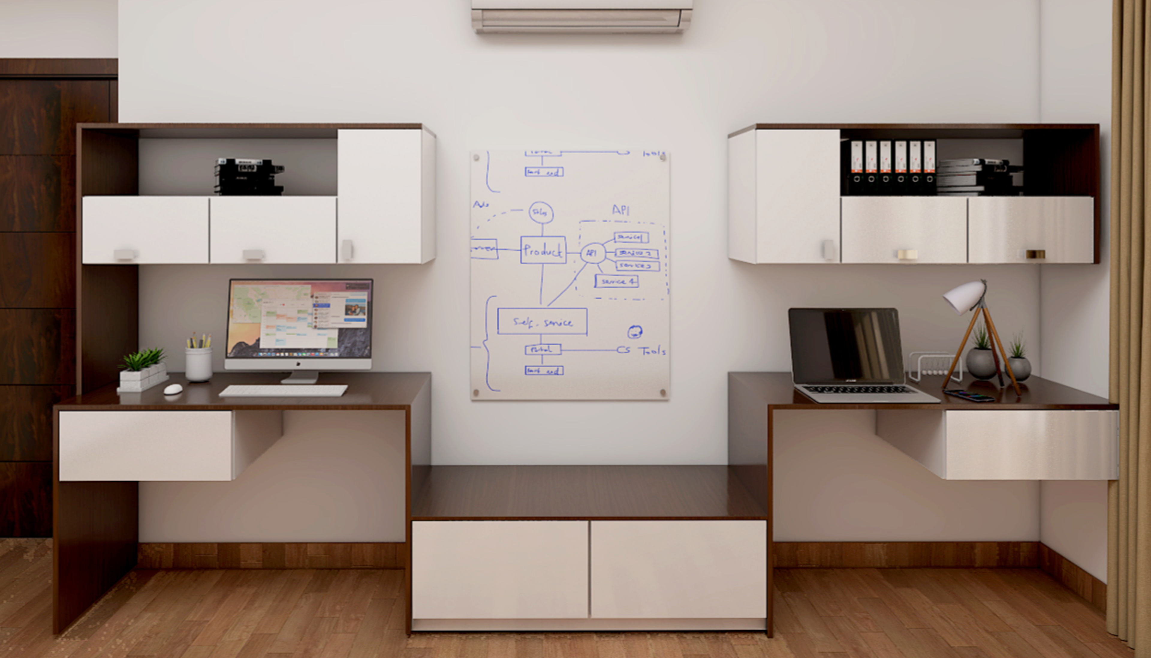 Wood and White Modern Spacious Home Office Interior Design