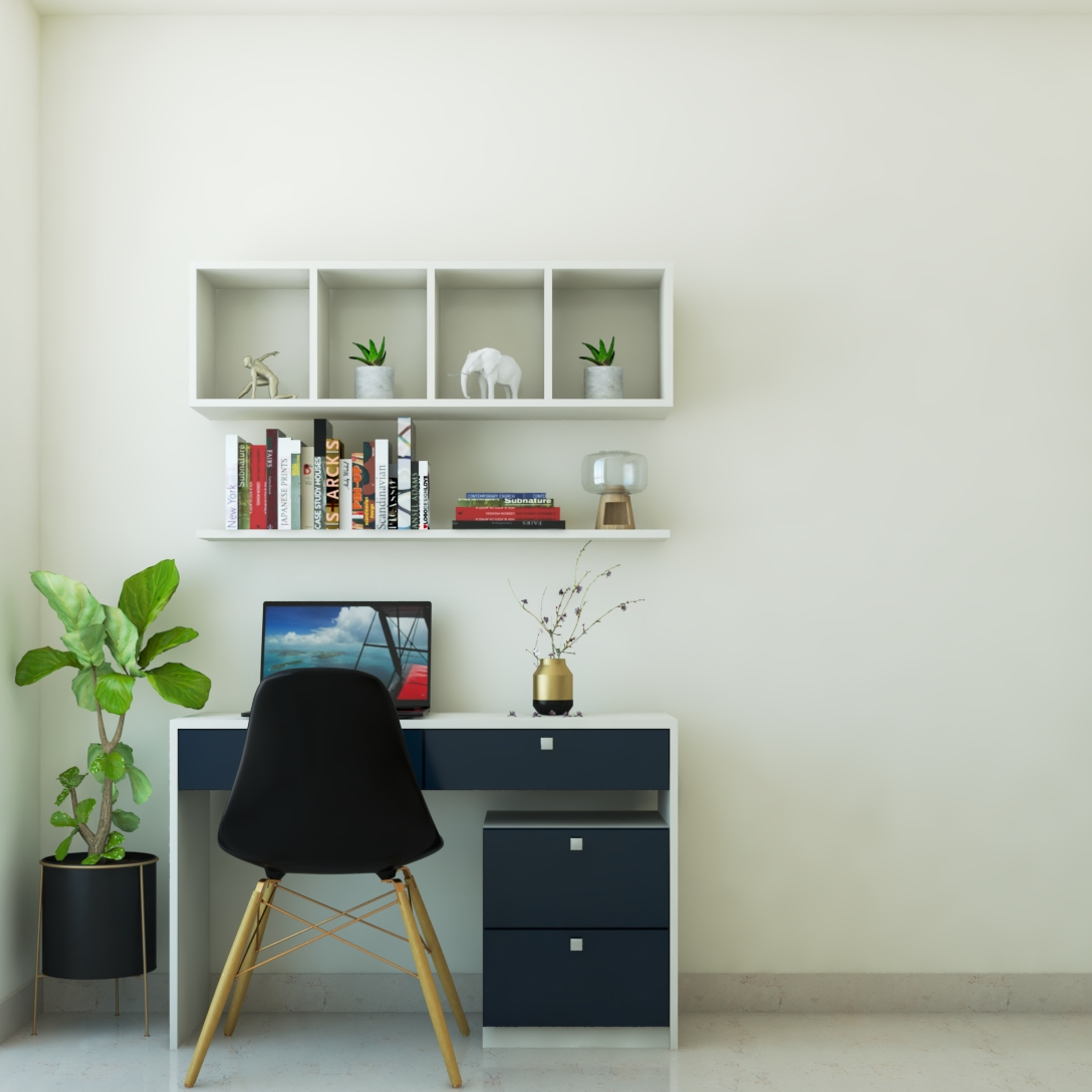 Minimal Compact Home Office Interior Design Idea with Potted Plant