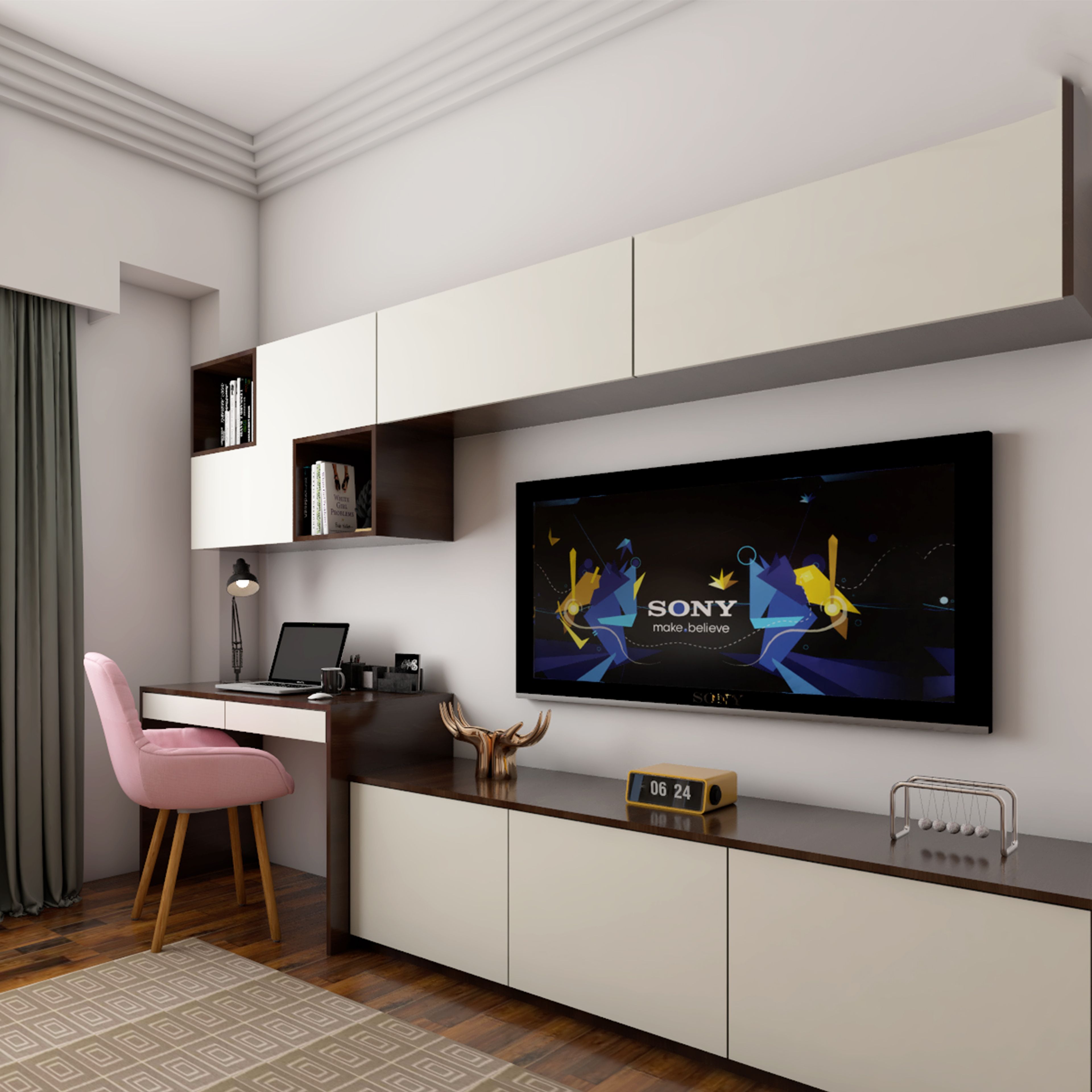 White Spacious Home Office Interior Design with Pink Desk Chair