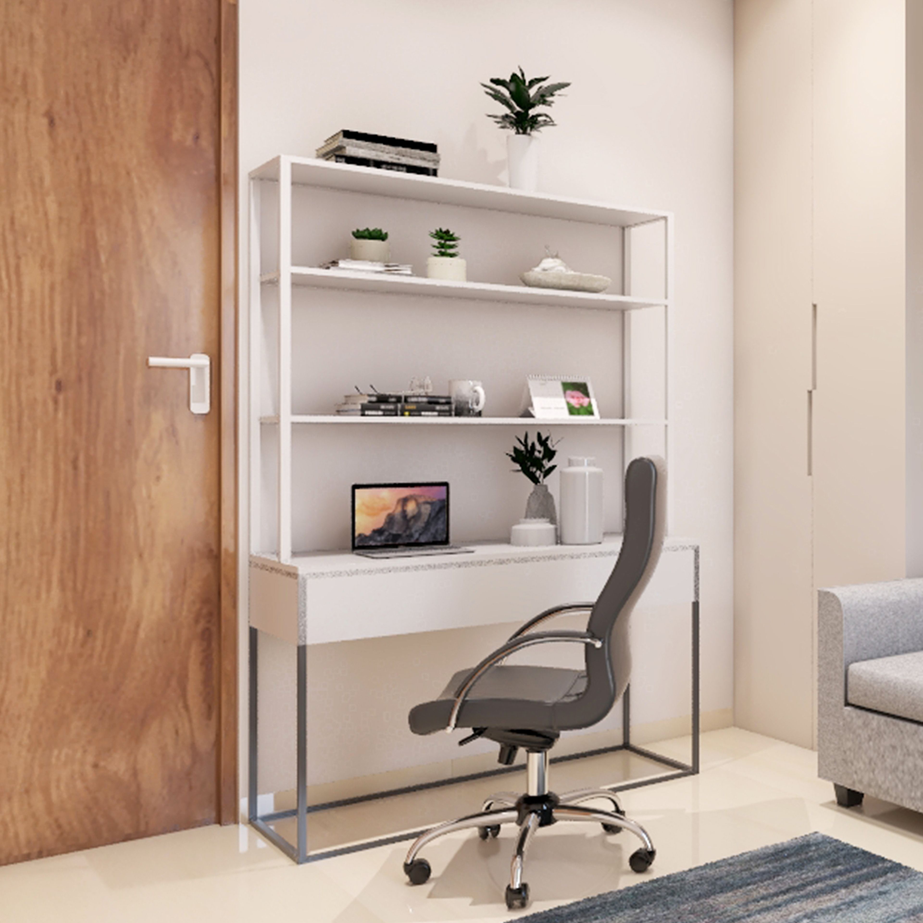 White Compact Modern Home Office Design with Open Shelves