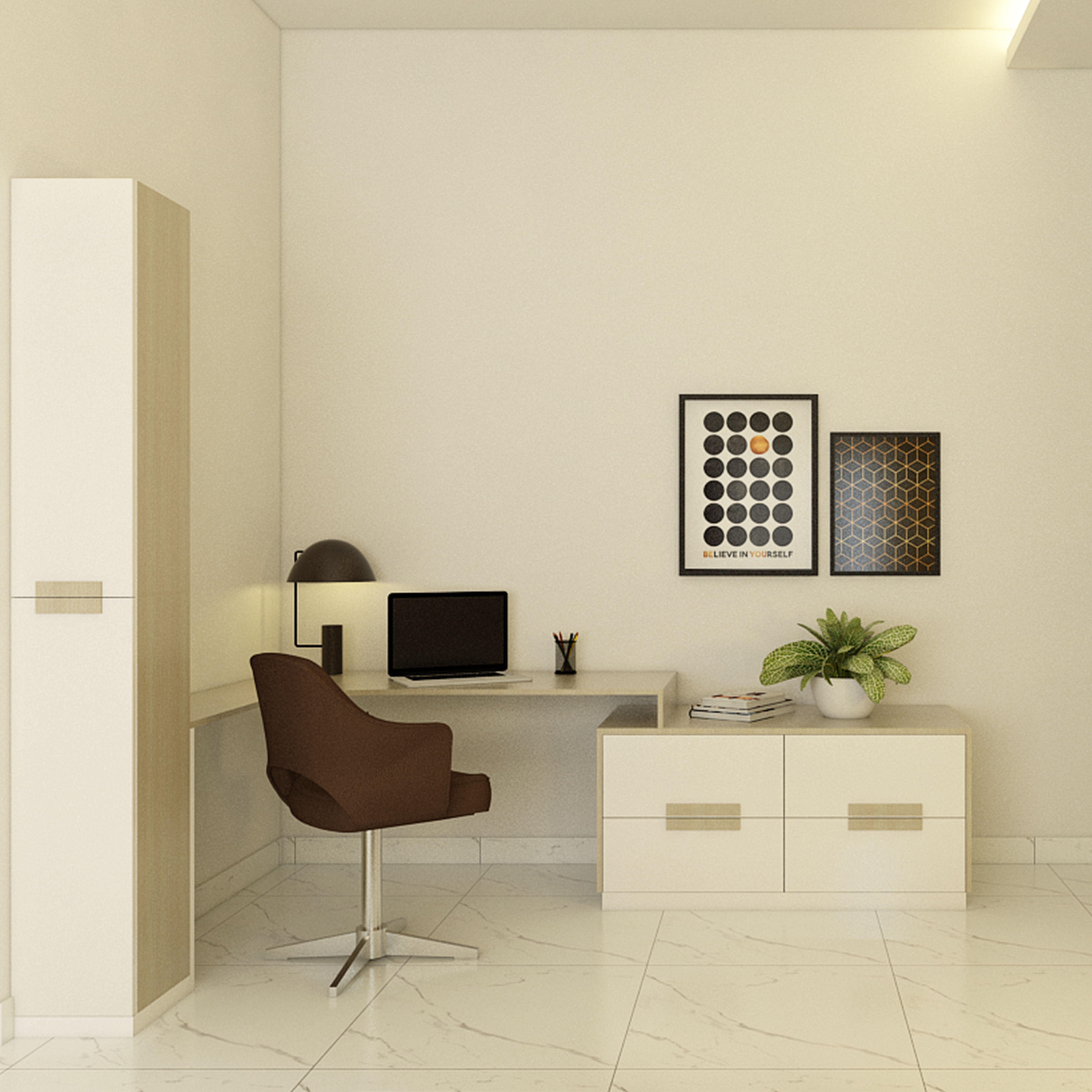 Light Modern Spacious Home Office Interior Design with Ambient Lighting