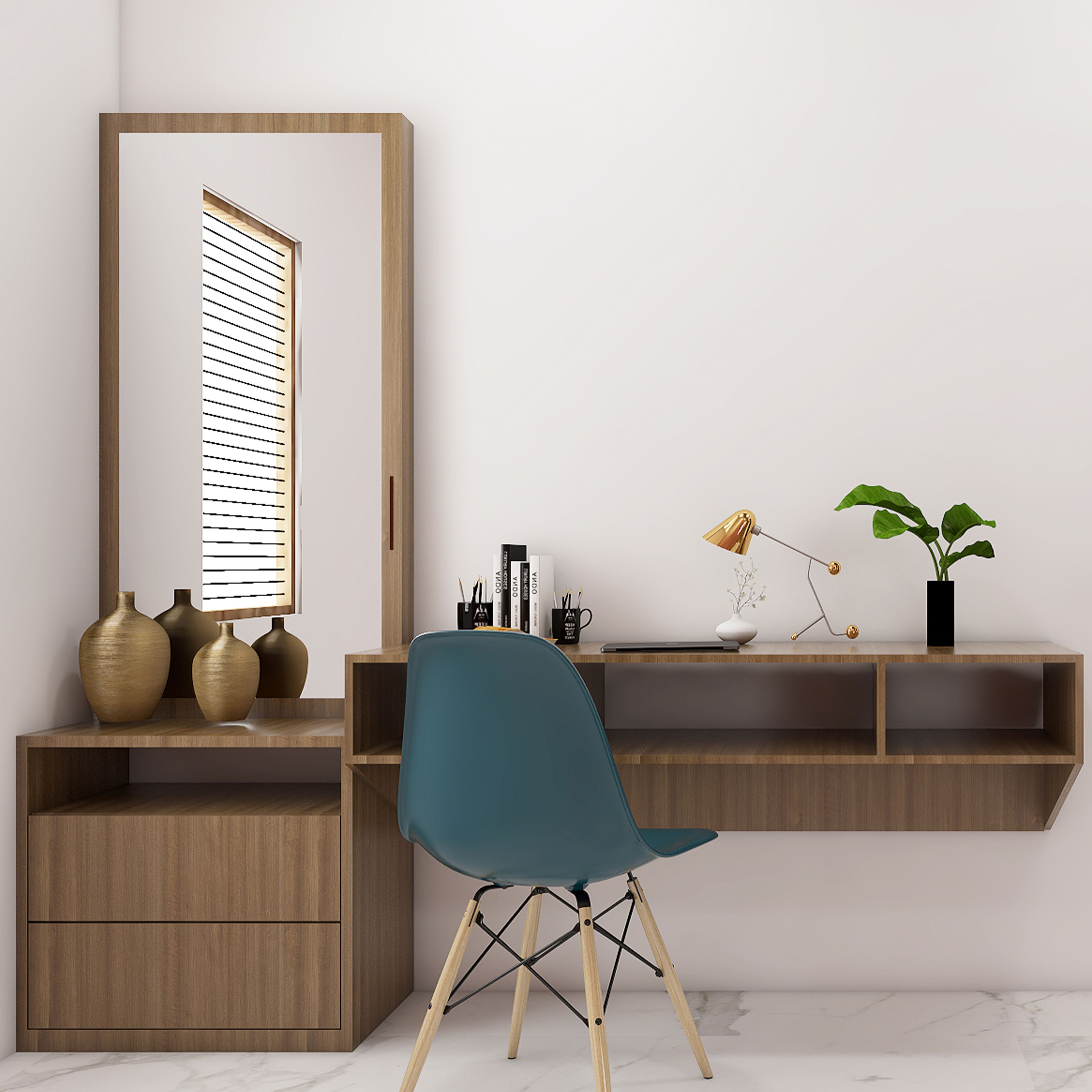 Wooden Minimal Spacious Home Office Interior Design with Mirror