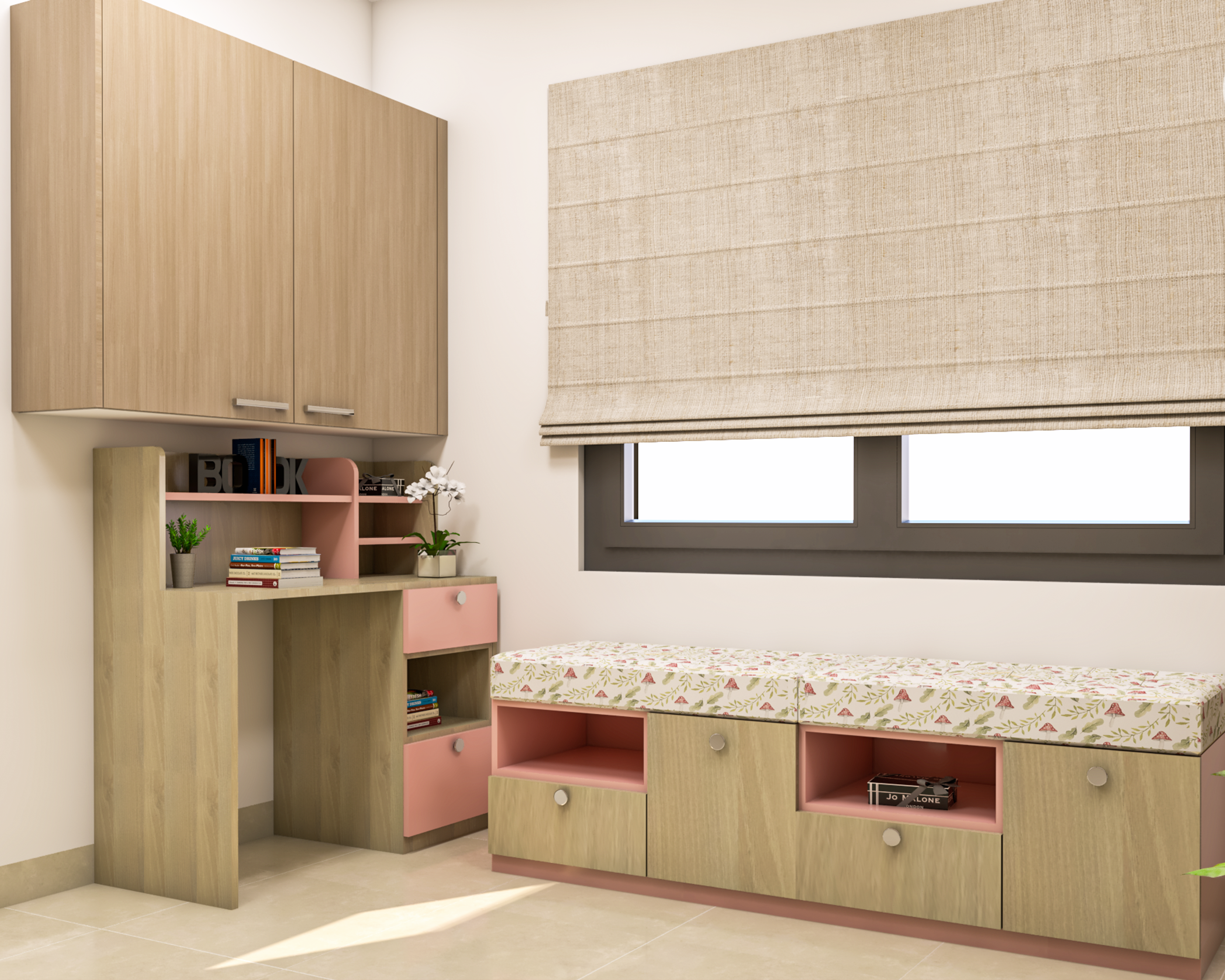 Pink and Light Wood Modern Spacious Study Room Design