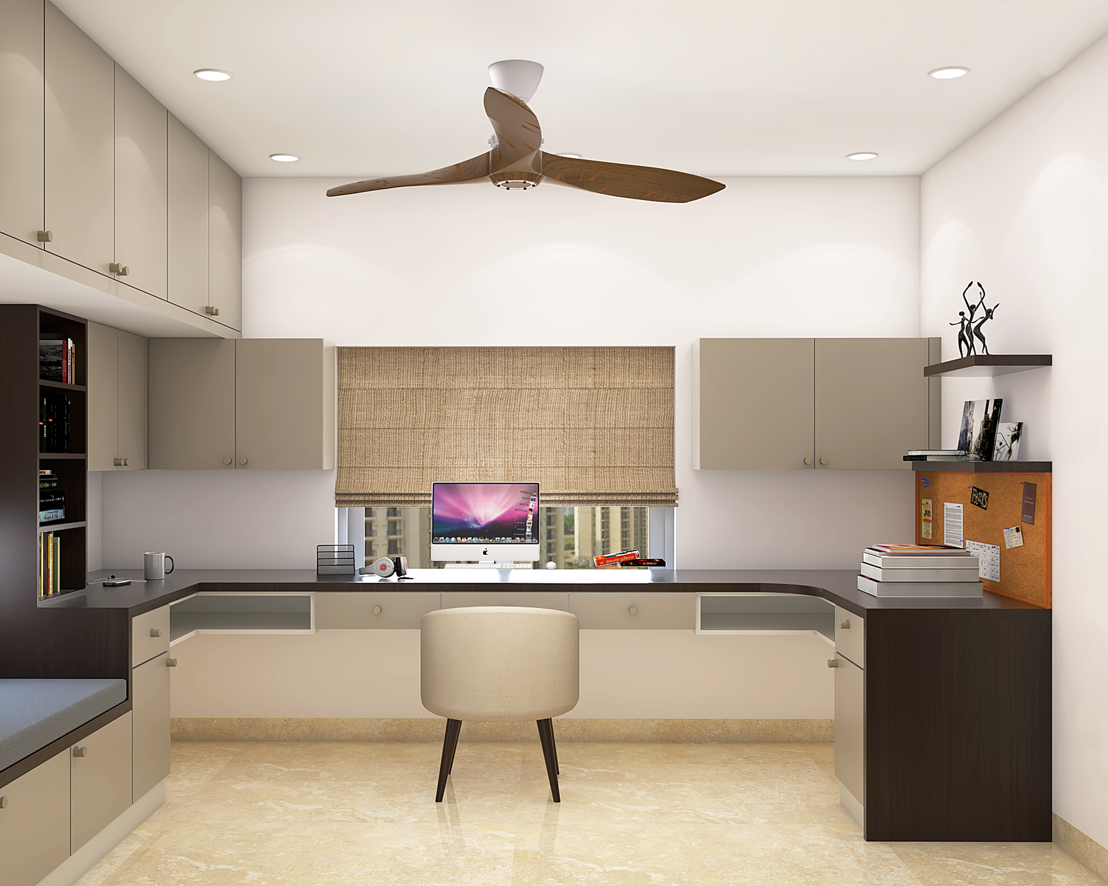 Spacious Home Office Interior Design with Beige Palette