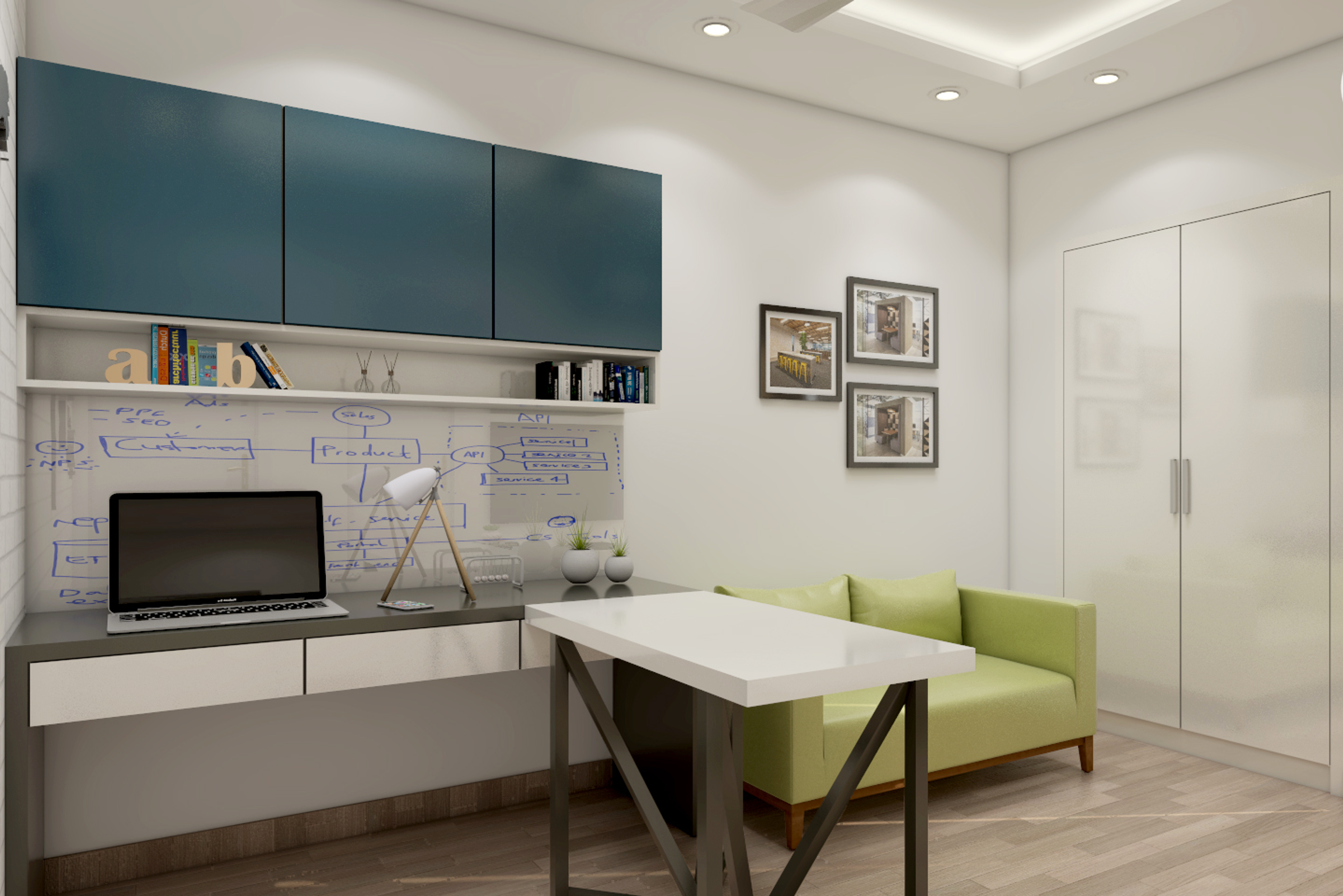 Contemporary Spacious Home Office Design with Marker Board and Sofa