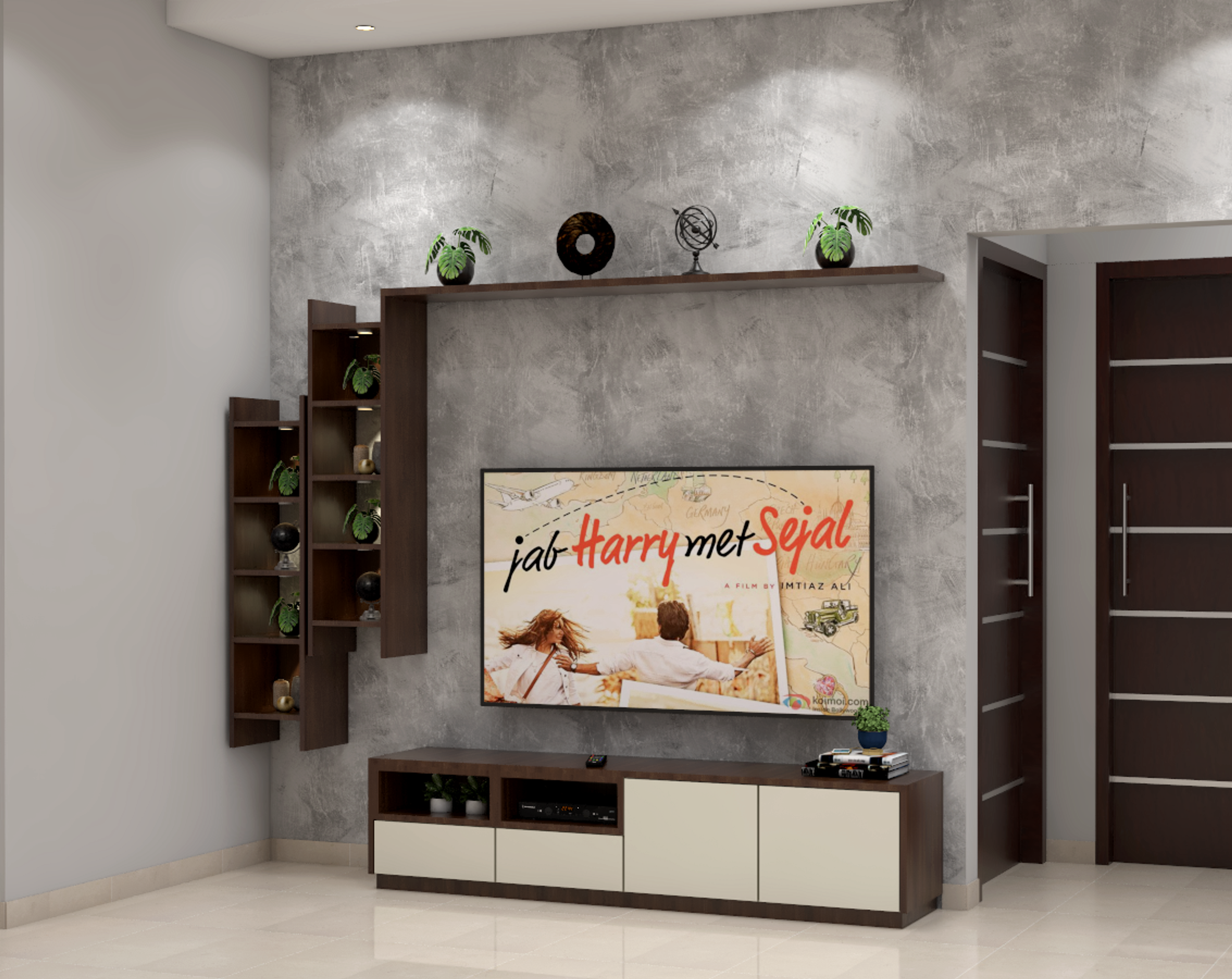 Grey-Coloured Contemporary Living Room - Livspace