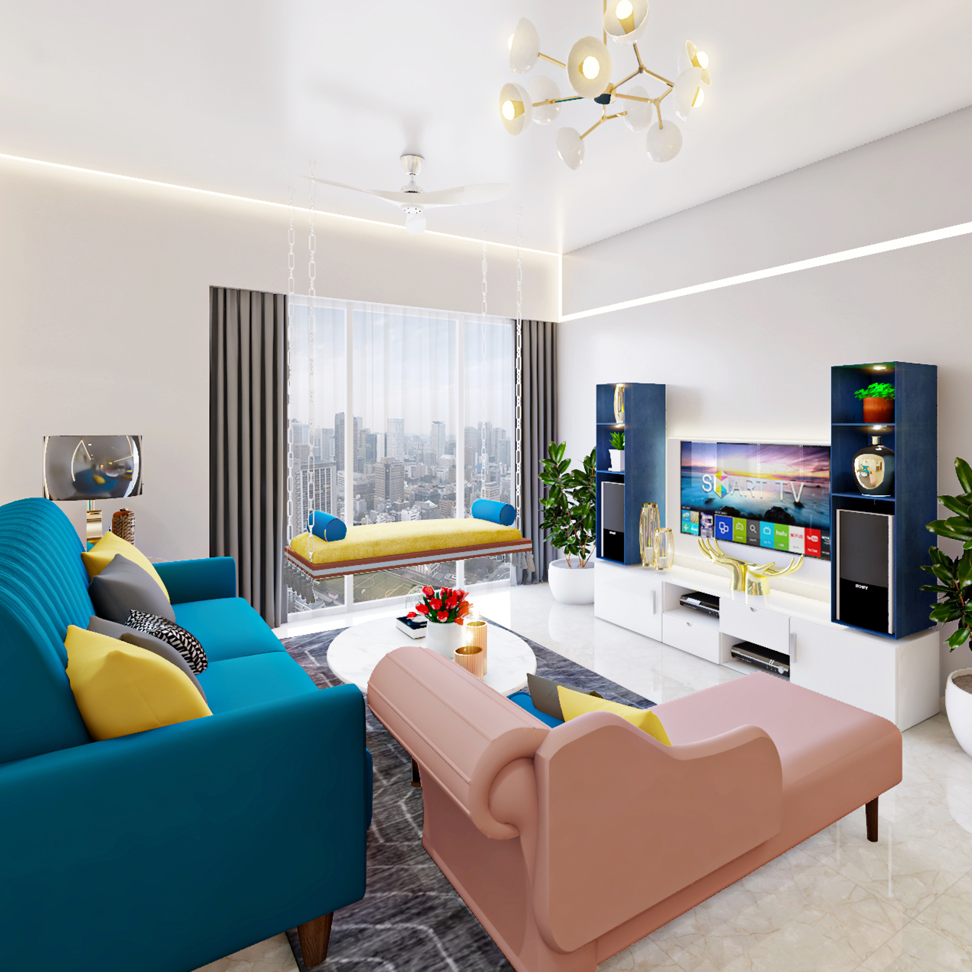 Warm Convenient Living Room - Livspace