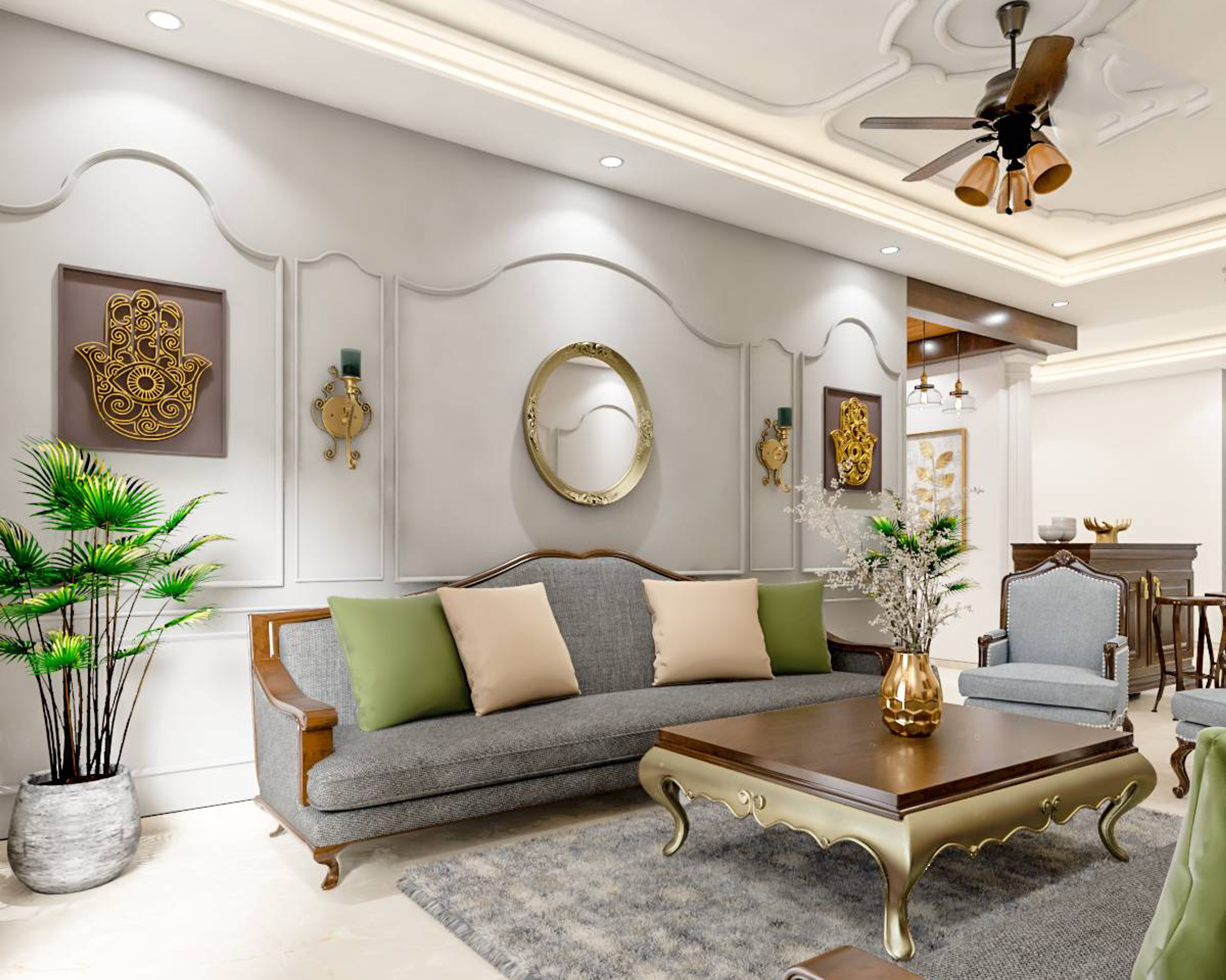 Grey-Coloured Convenient Traditional Living Room - Livspace