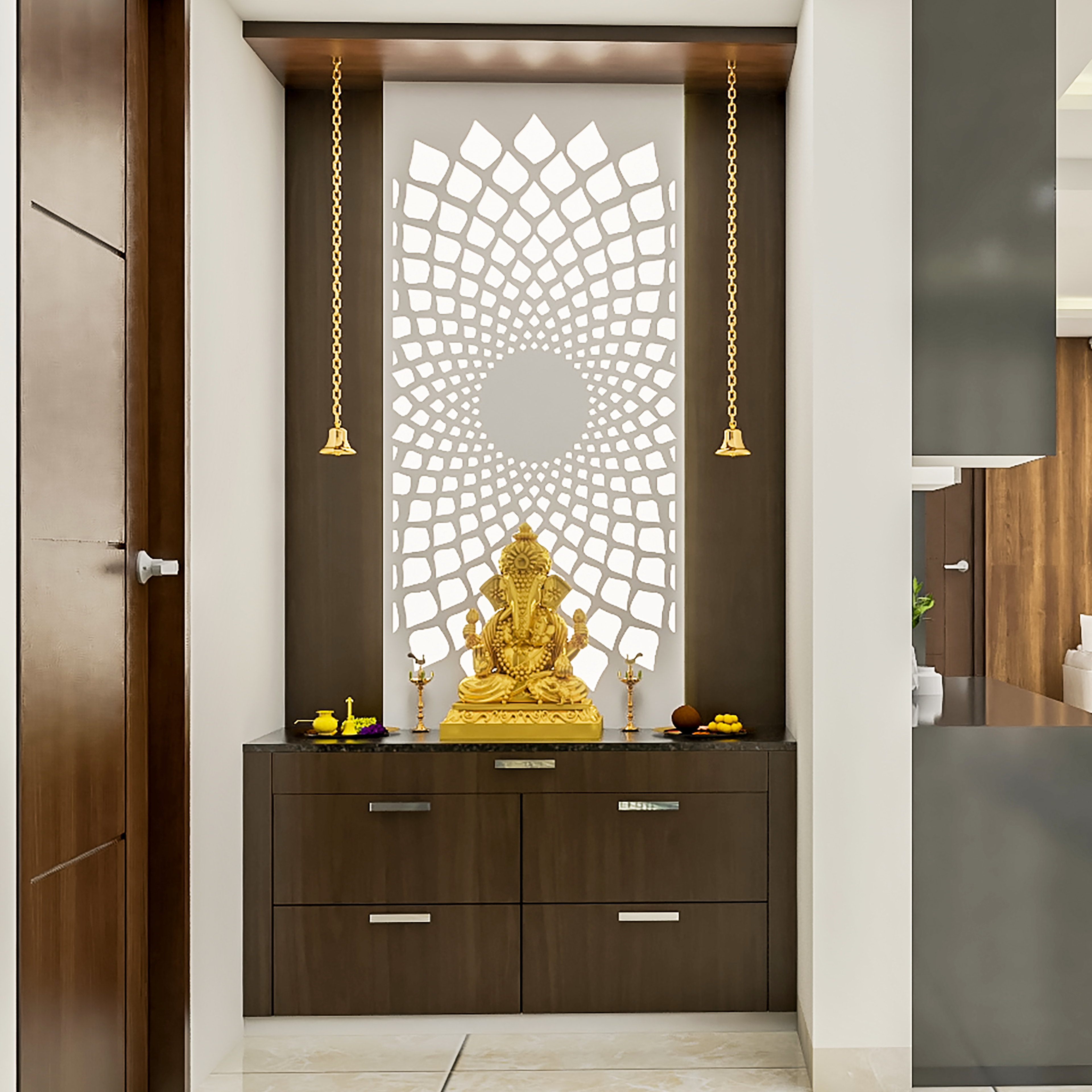Classic Compact Pooja Room Design with Jali Pattern Backlighting