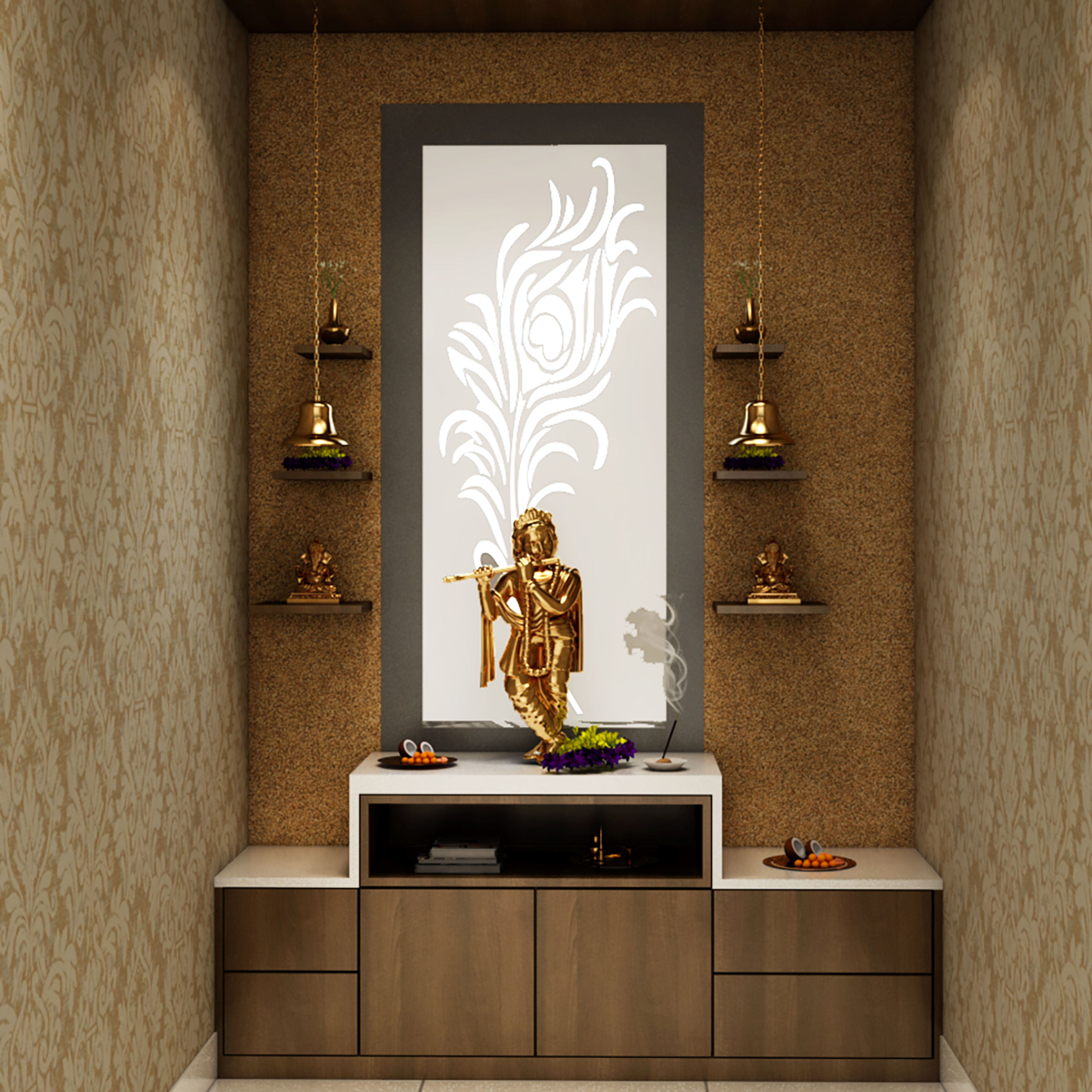 Modern Prayer Room Design with Storage Drawers