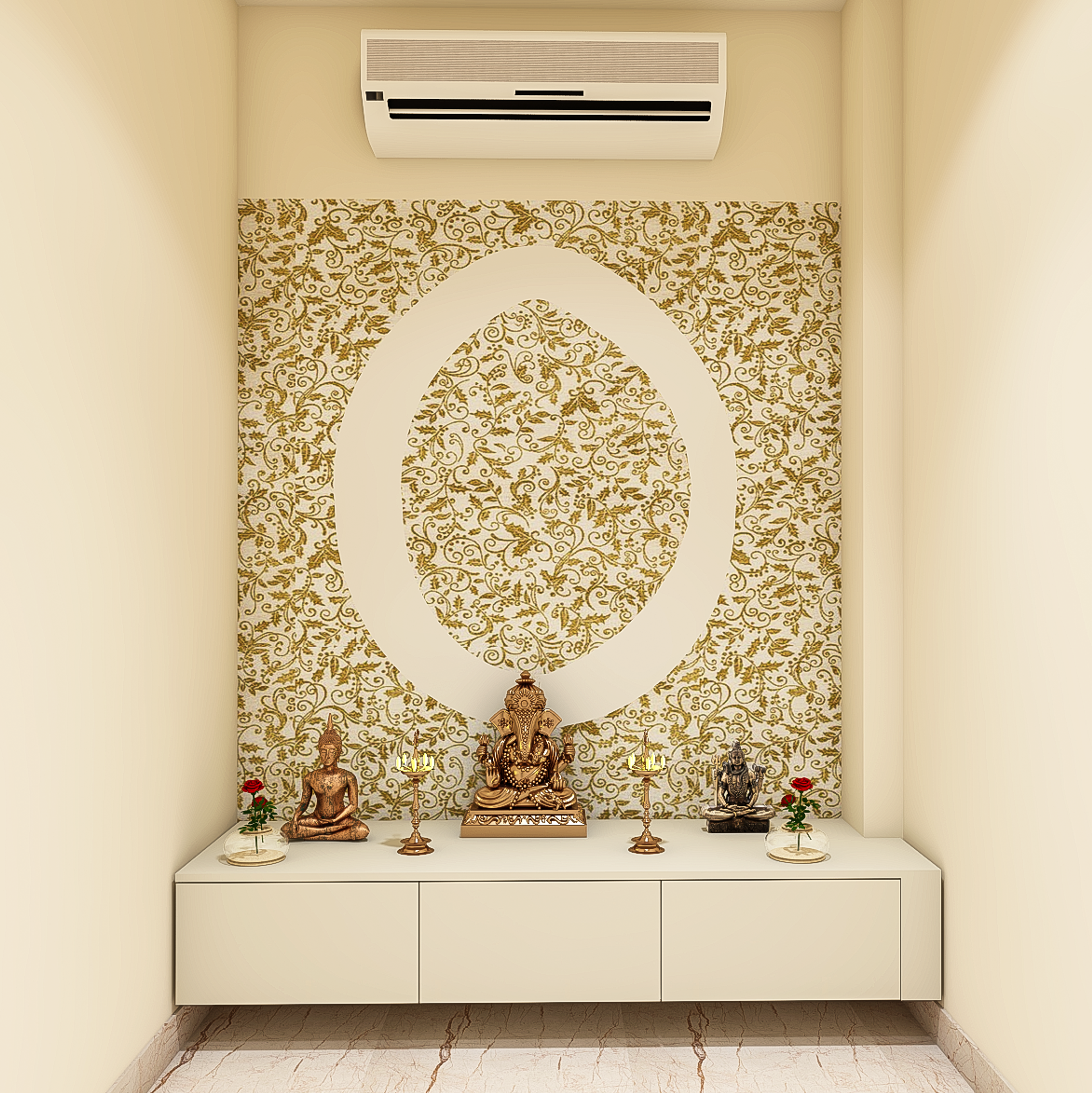 Patterned Wall Pooja Room Design with Storage Pooja Unit