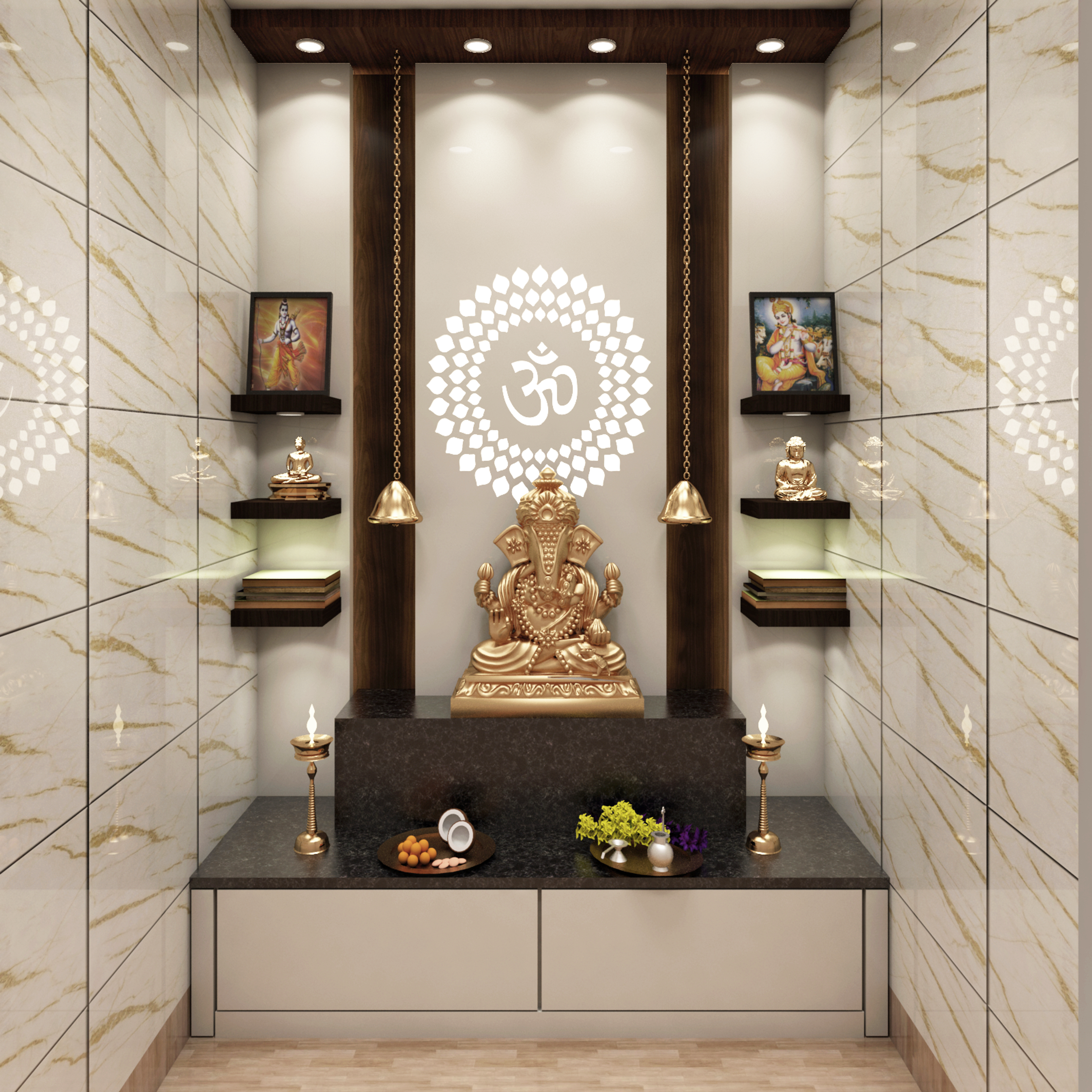 Glossy Tile Pooja Room Design with Storage Space