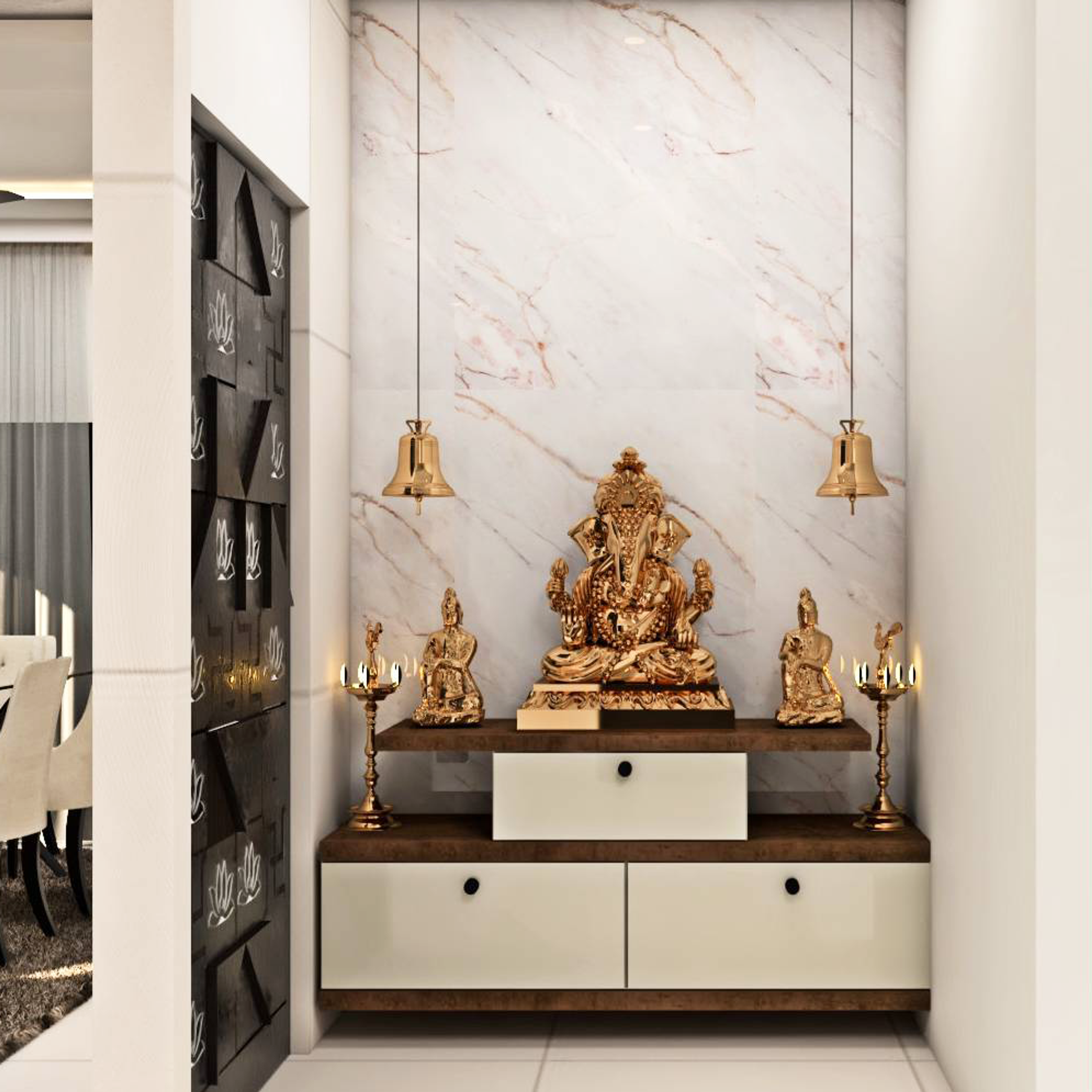 Contemporary Prayer Room Design Idea with Hanging Bells