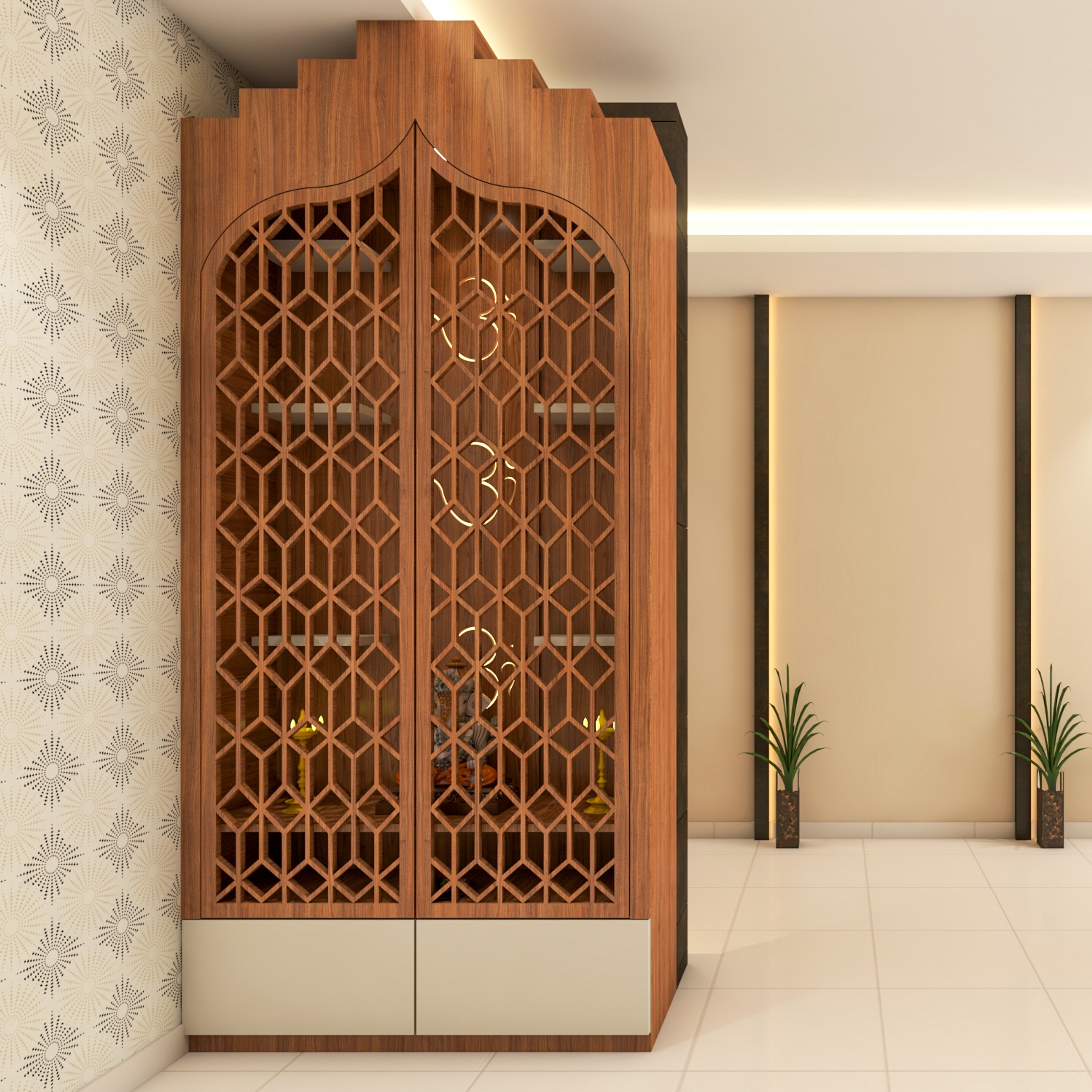 Classic Open Pooja Room Design with Jali Pattern Door and Storage