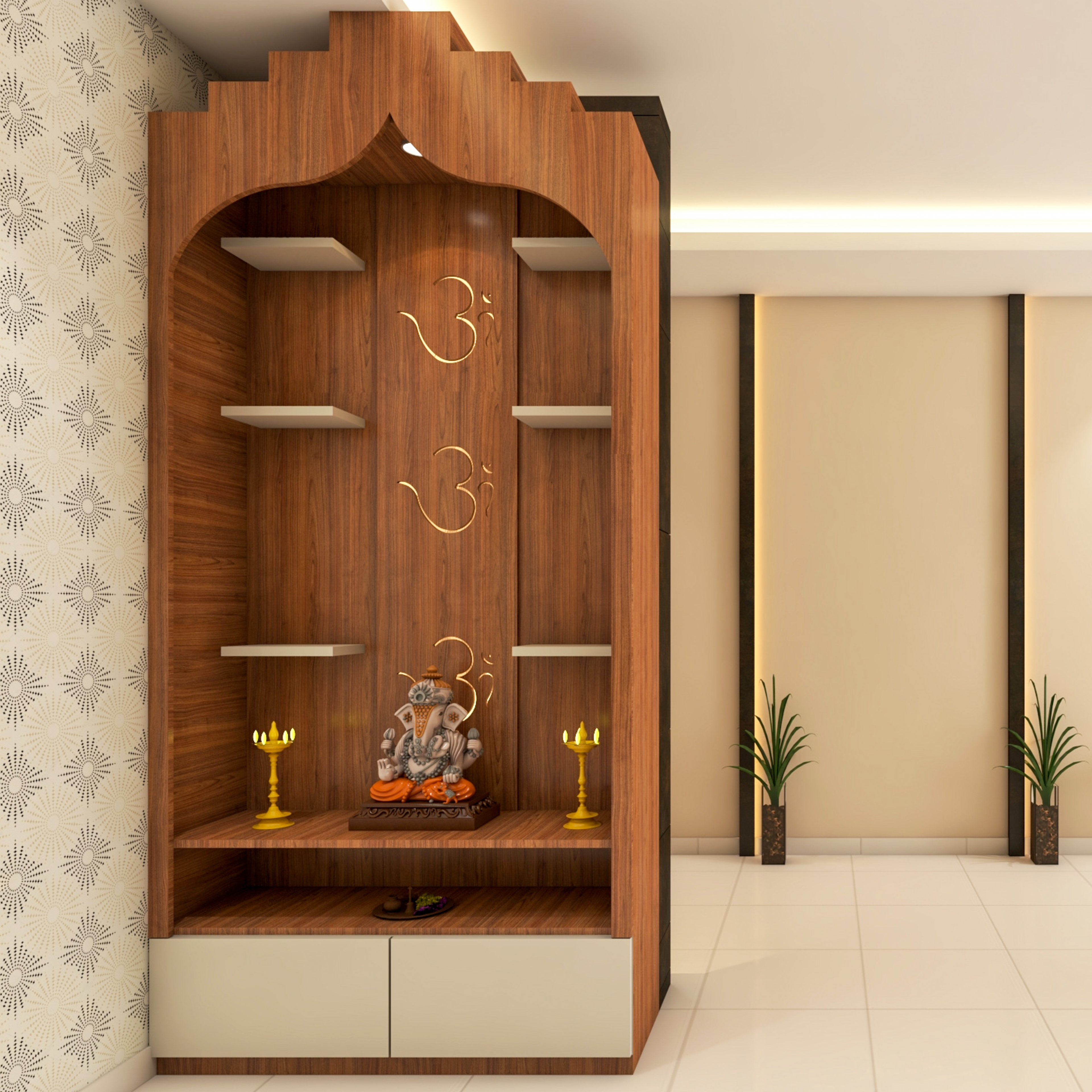 Classic Open Pooja Room Design with Jali Pattern Door and Storage - Livspace