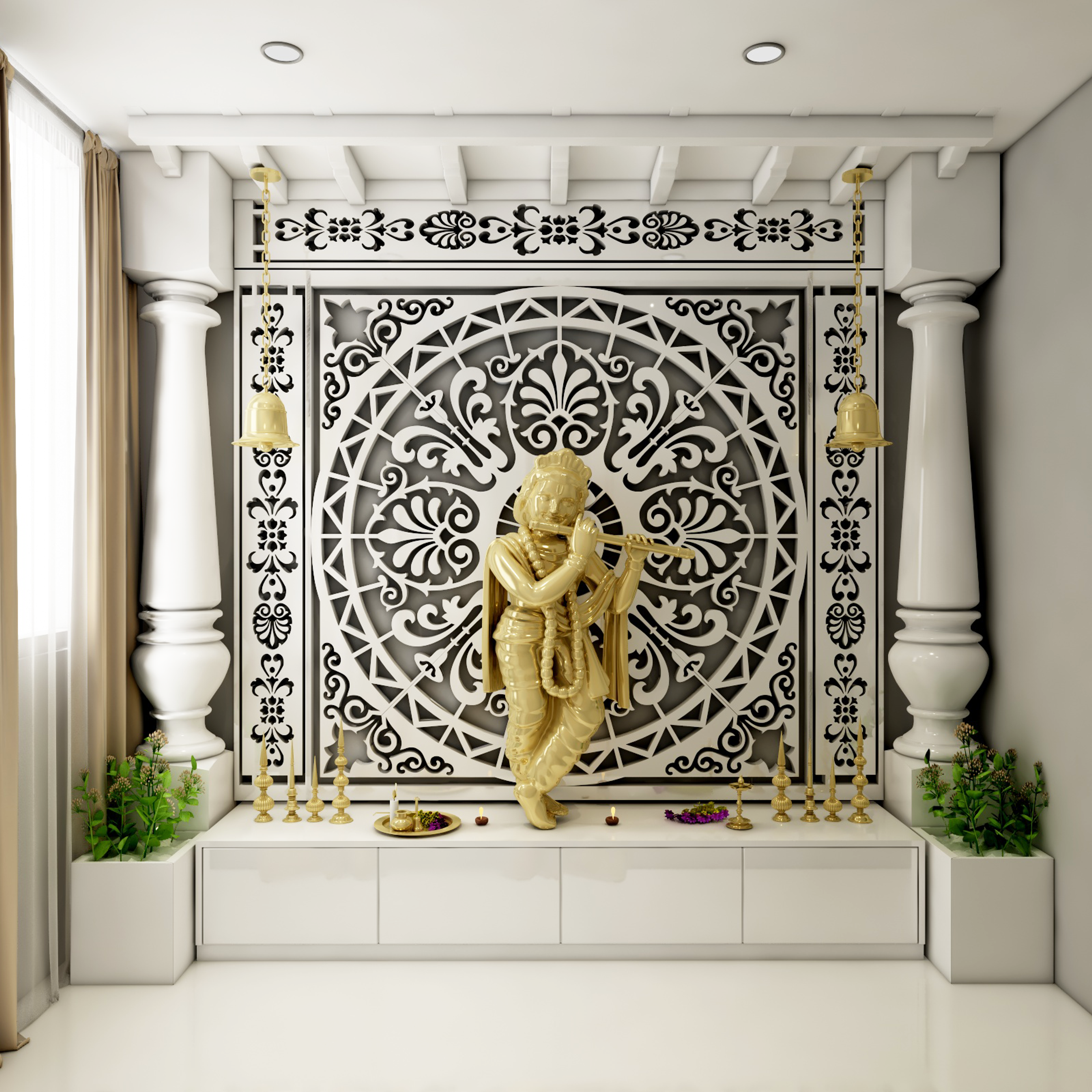 Traditional Spacious Pooja Room Design with Highlighter Wall