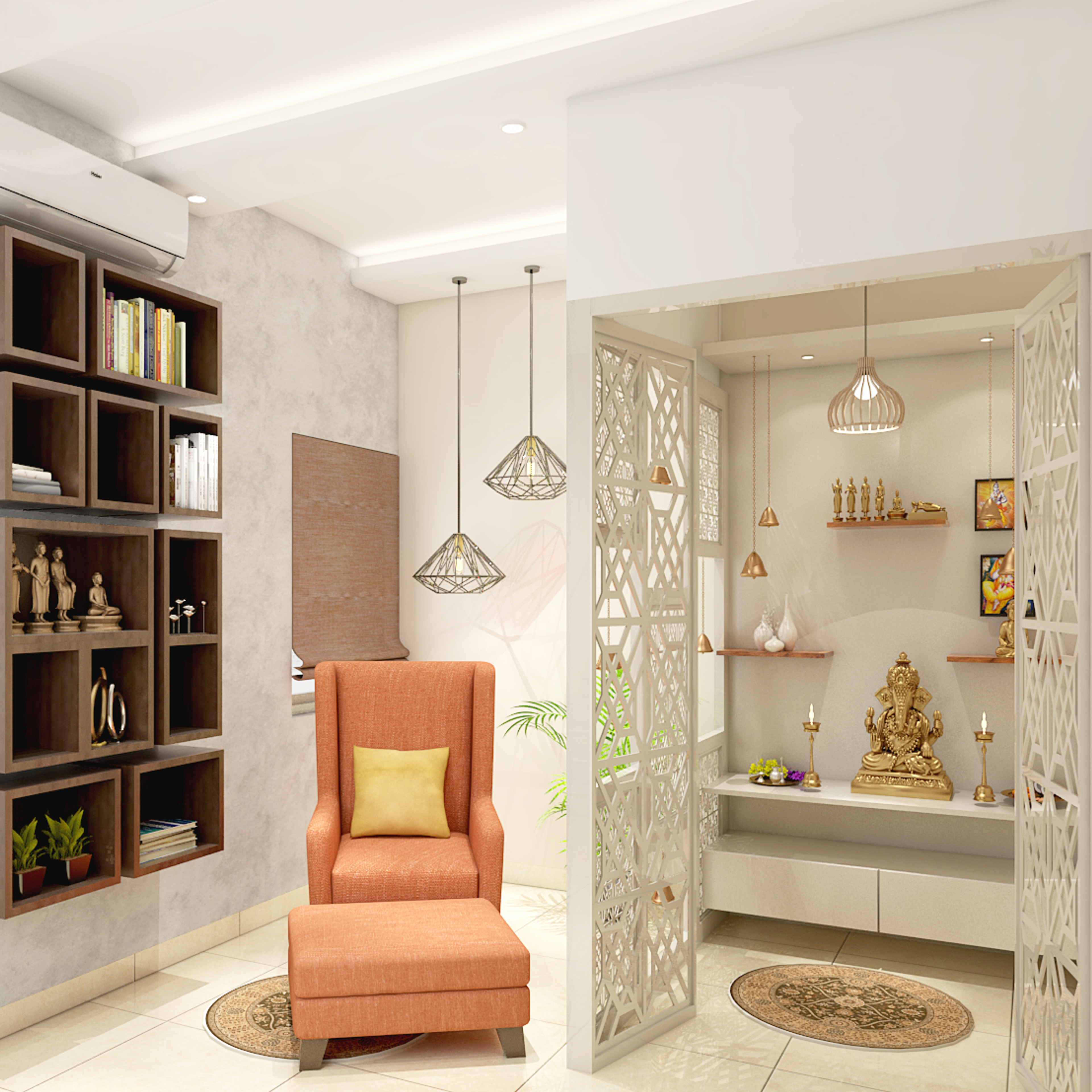 Modern Pooja Room Design with Open Shelves and Storage Drawers
