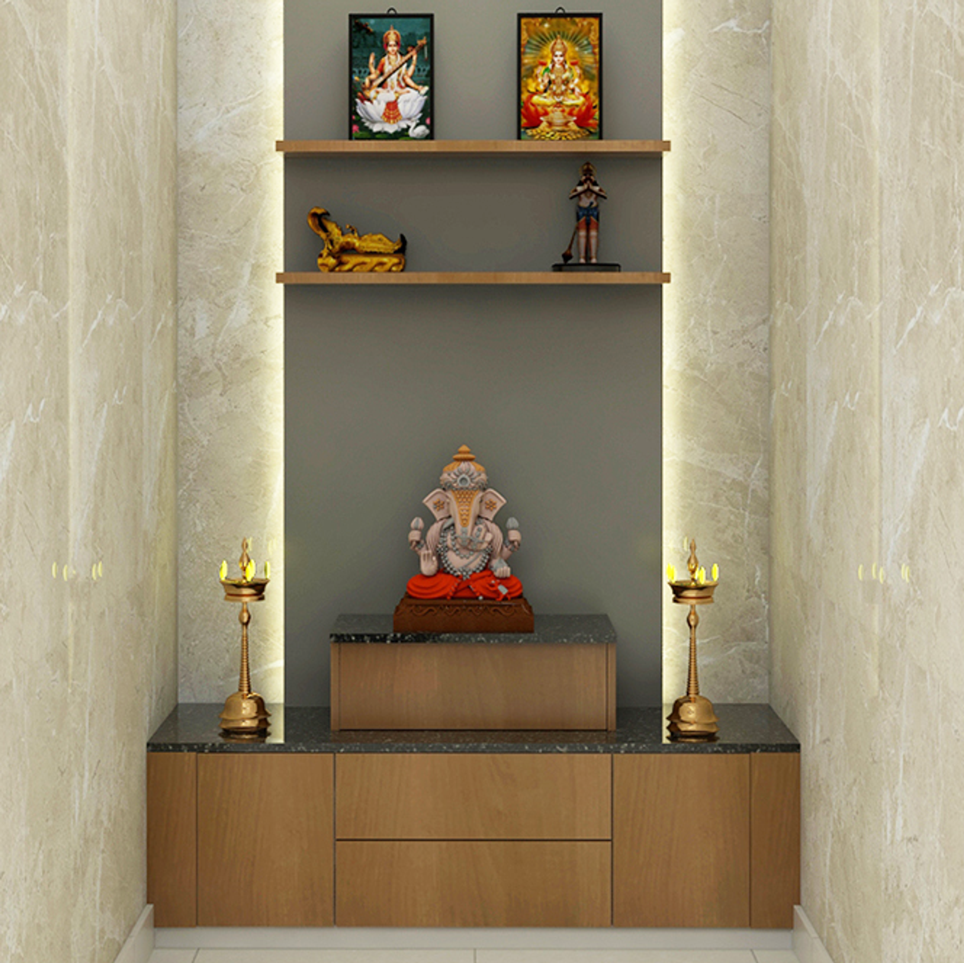 Modern Compact Pooja Room Design with Storage Drawers - Livspace