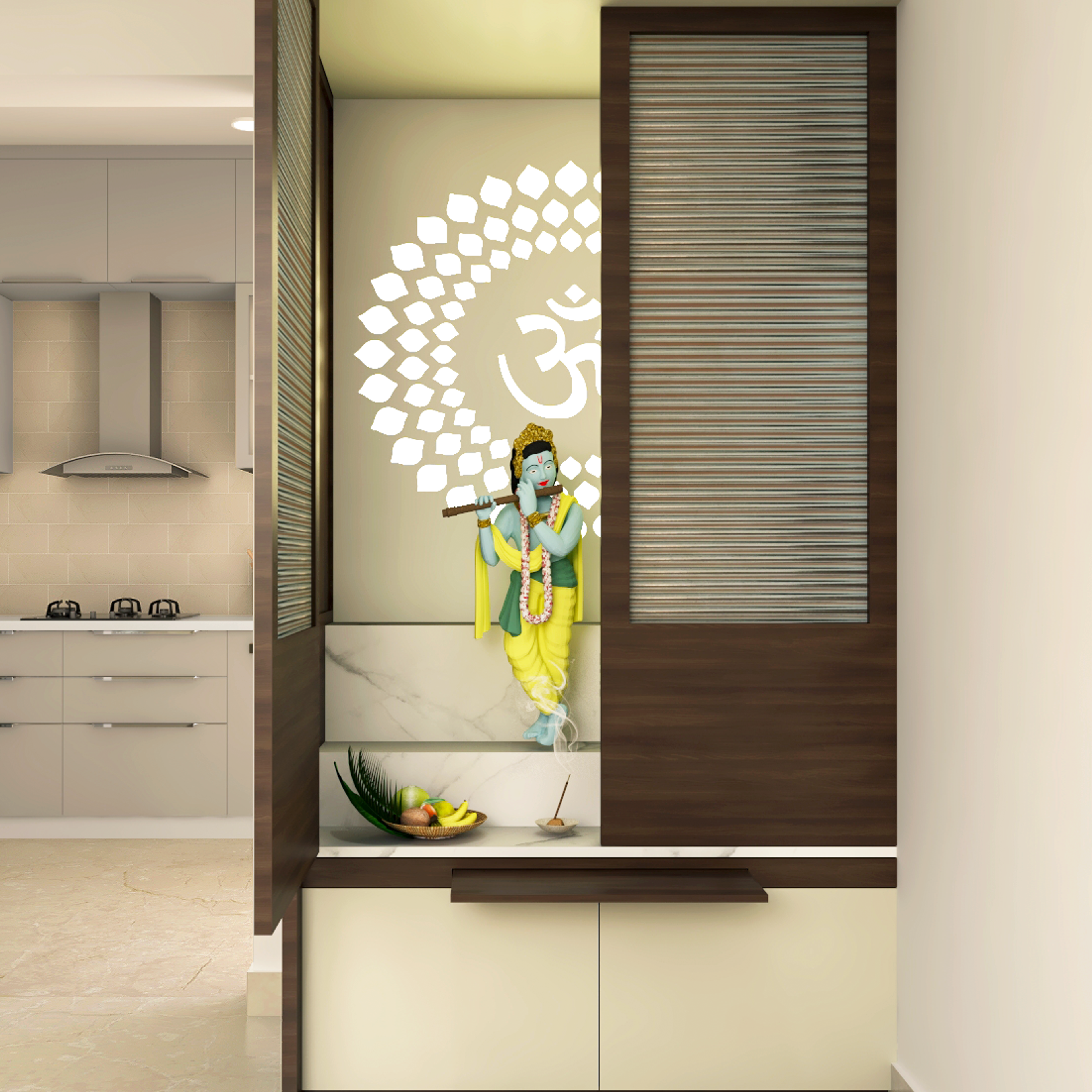 Modern Compact Pooja Room Design with Shutter Doors