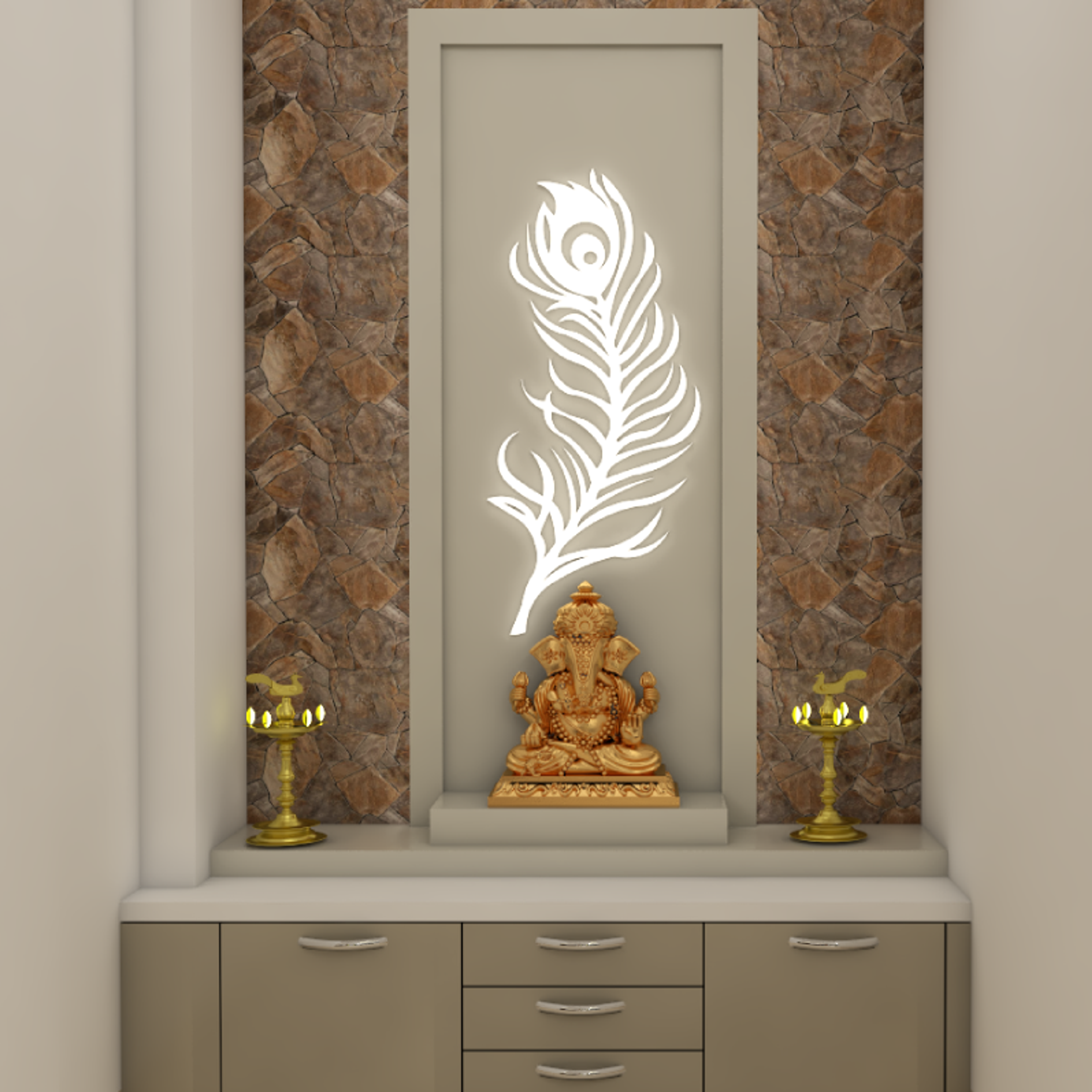 Classic Spacious Pooja Room Design with Feather Pattern Wall