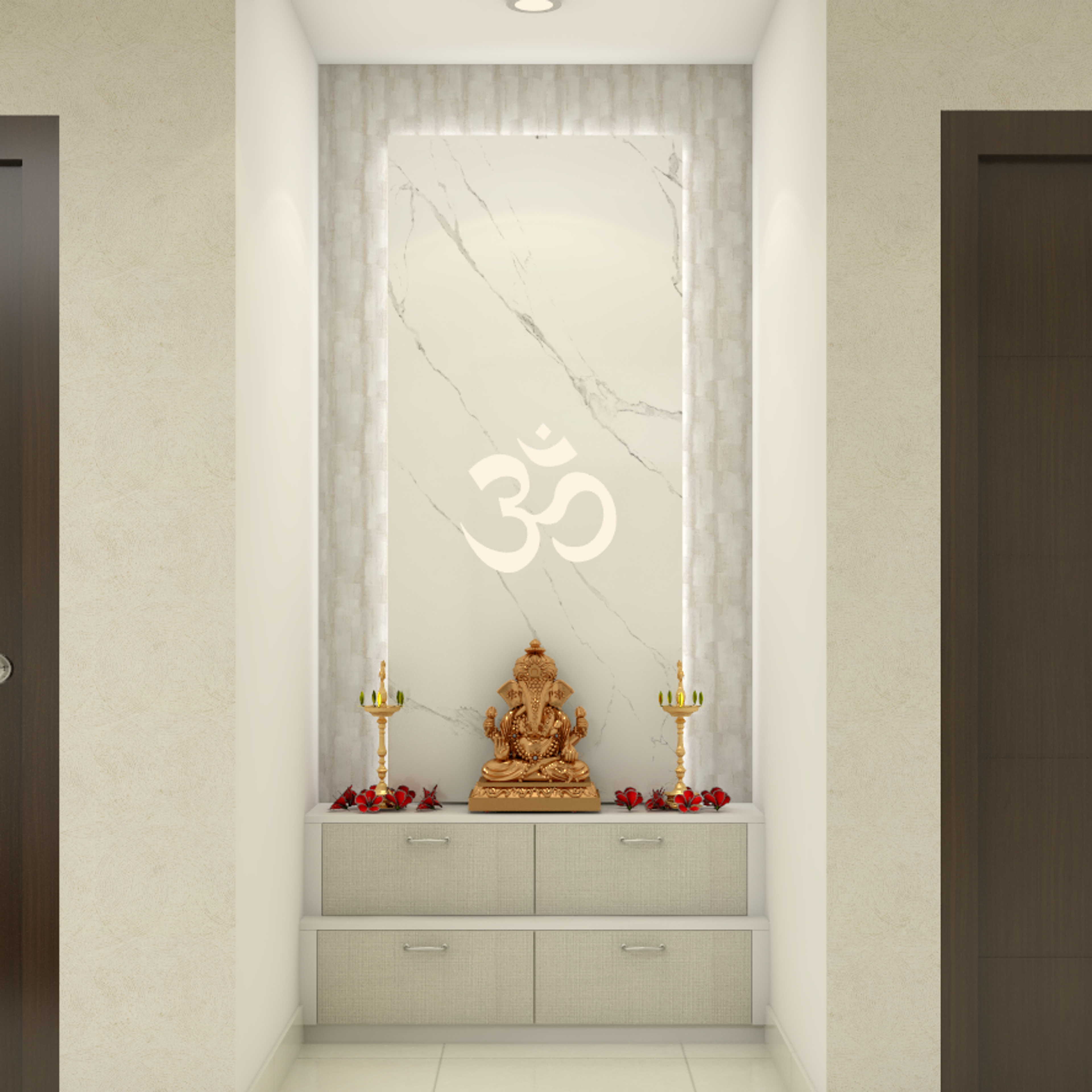 Classic Compact Pooja Room Design with Jali Pattern Backlighting