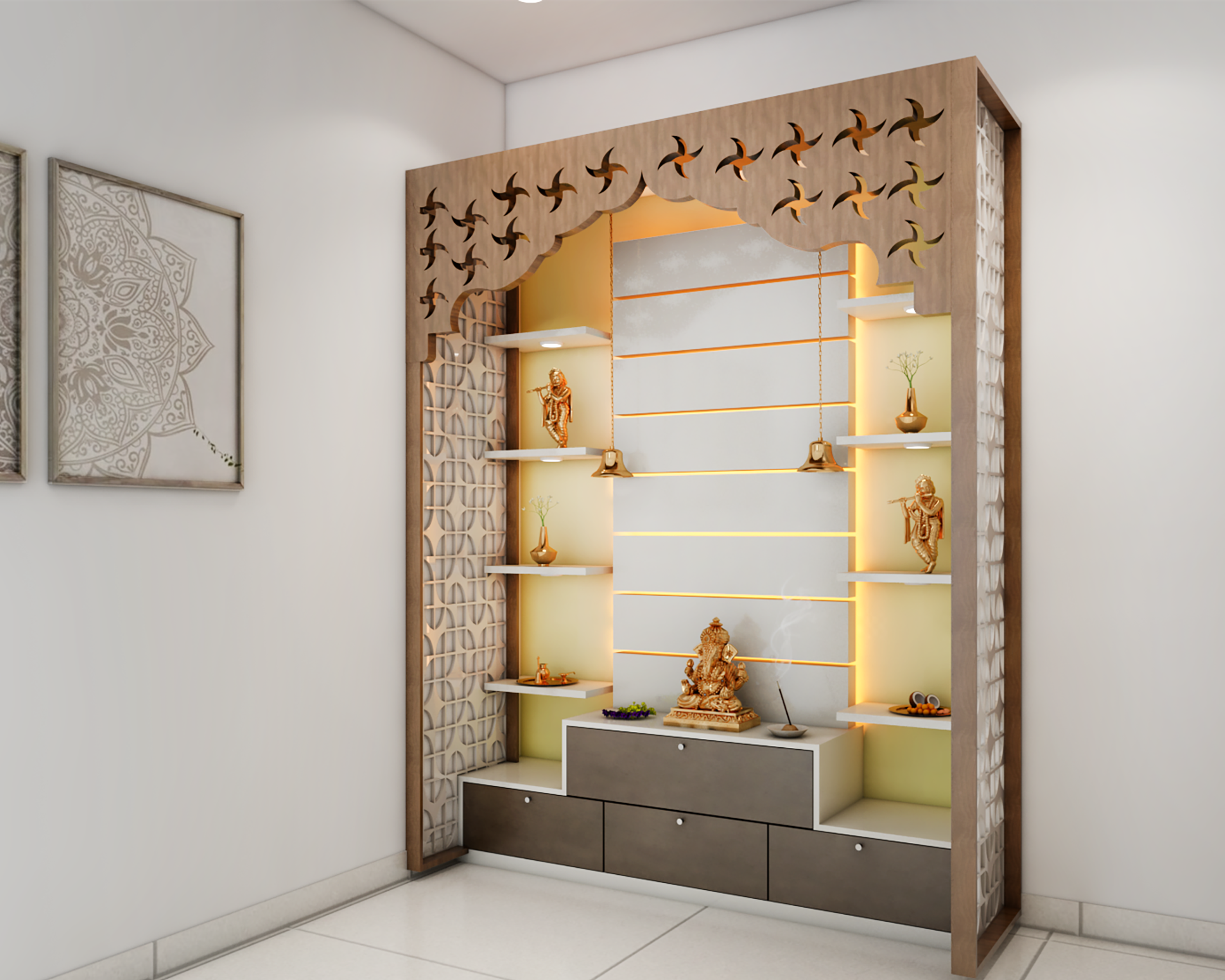 Traditional Spacious Pooja Room Design with Ambient Interior Lighting