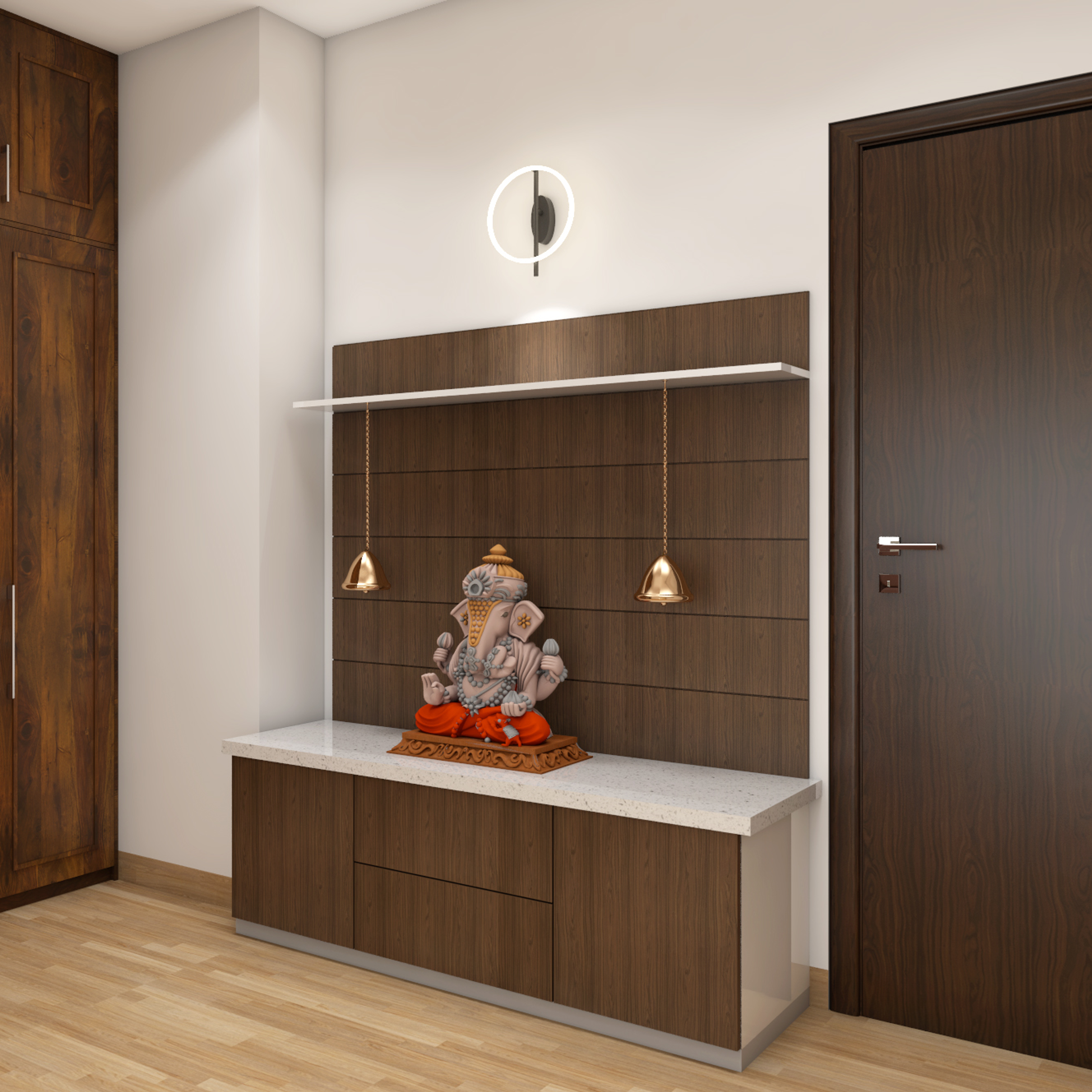 Modern Spacious Pooja Room Design with Low Seats and Hanging Lamps