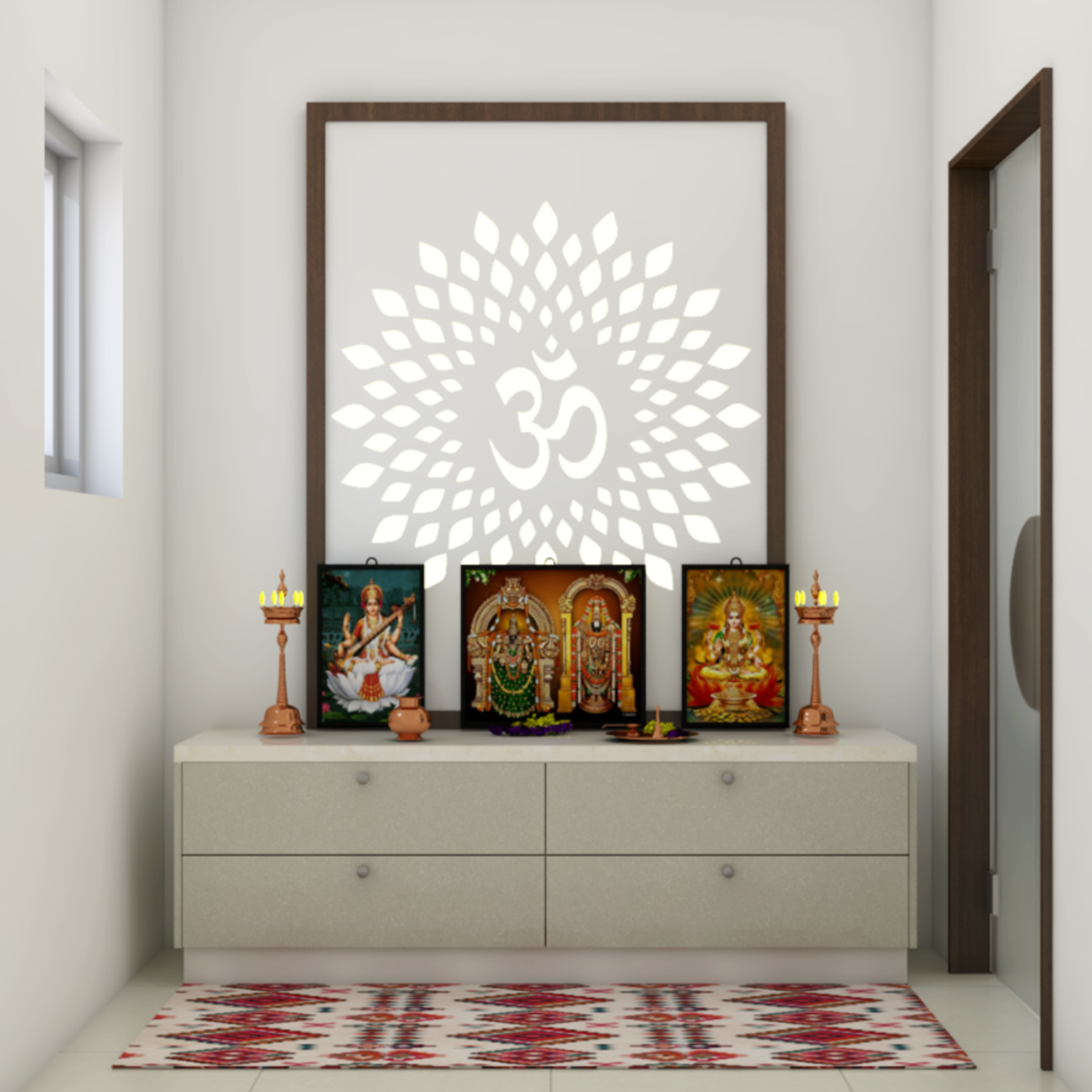 Modern Spacious Pooja Room Design with Colourful Rug
