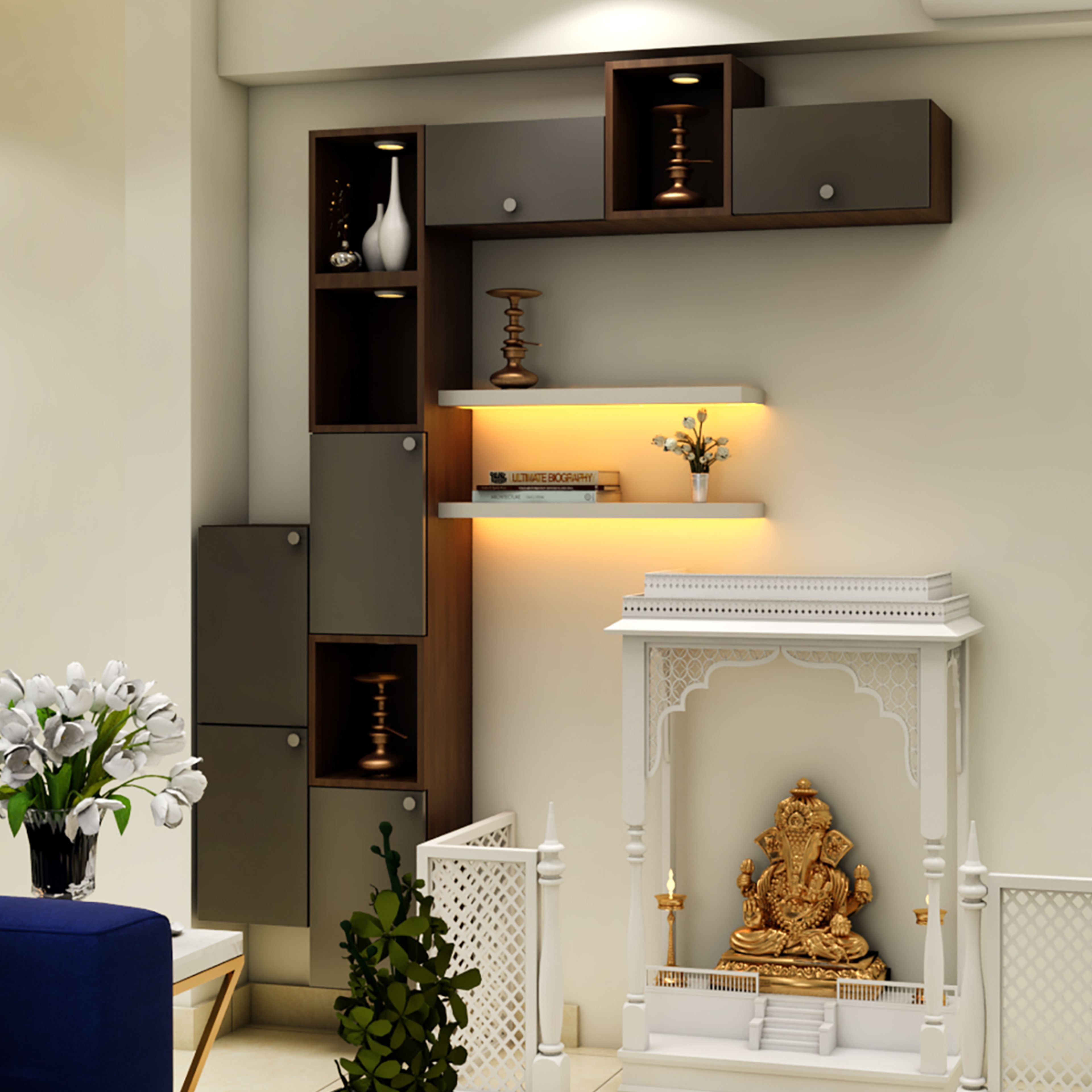 Modern Compact Pooja Room Design with Cabinets and Shelves