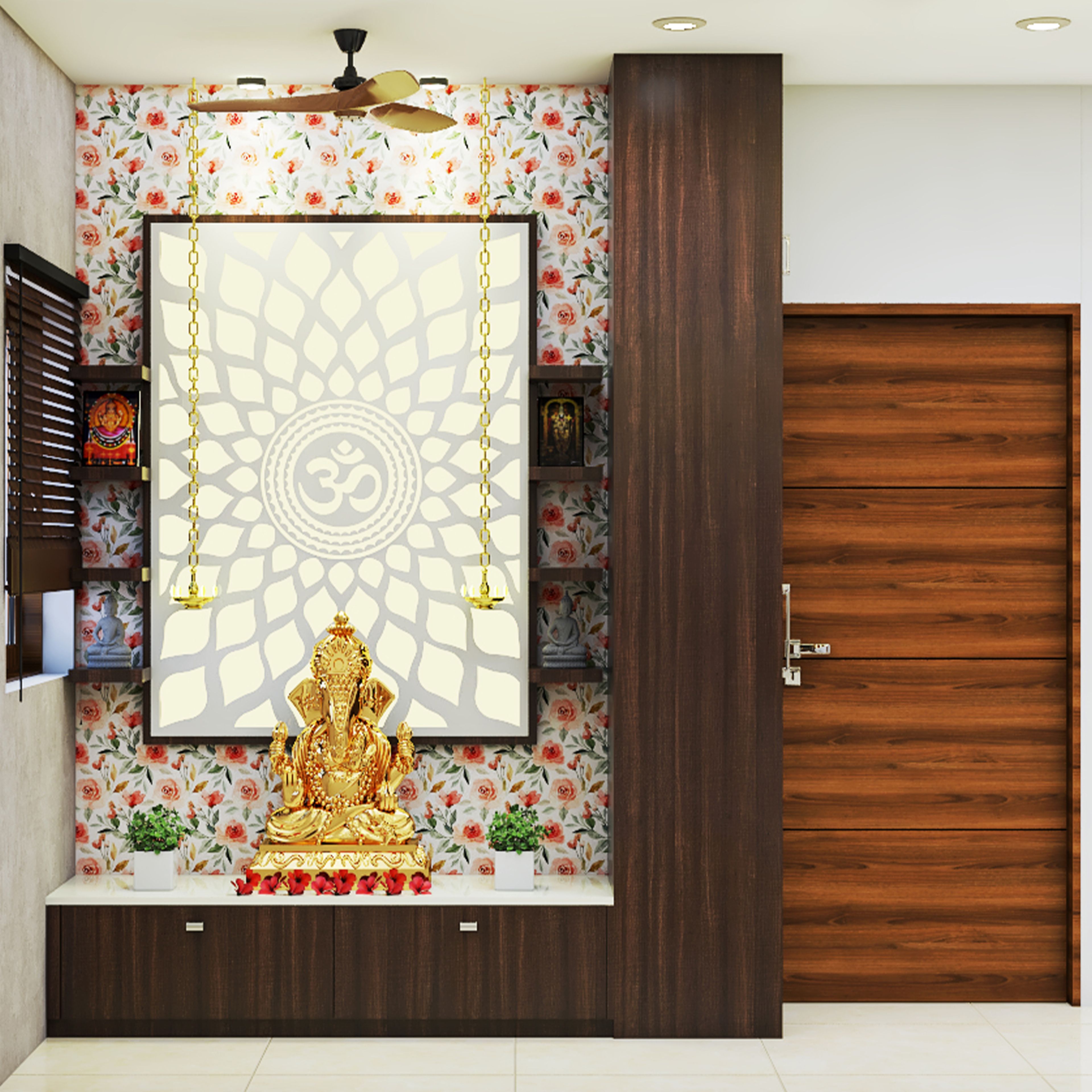Modern Spacious Pooja Room Design with Colourful Wall and Shelves