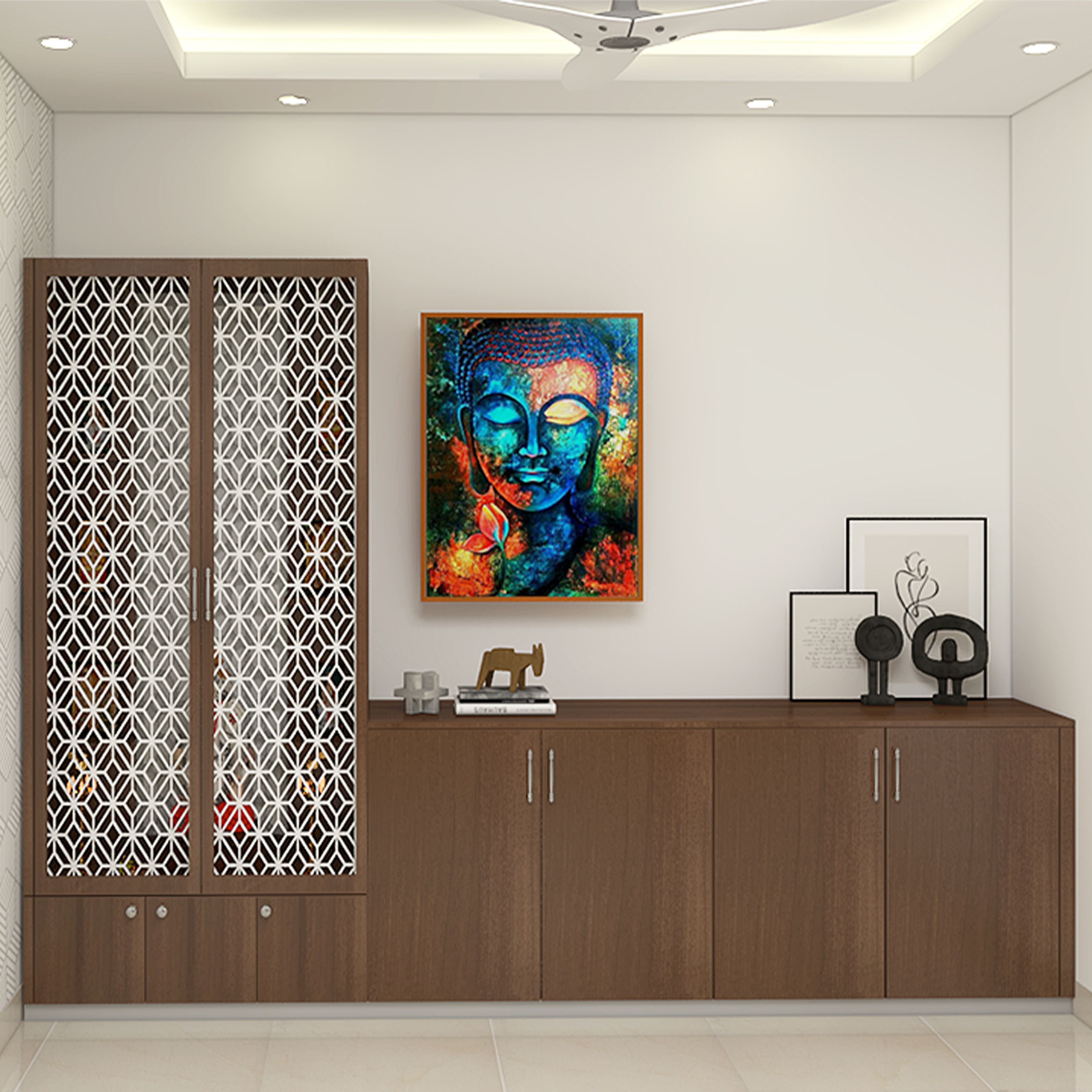 Modern Spacious Pooja Room Design Idea with Jali Pattern Door