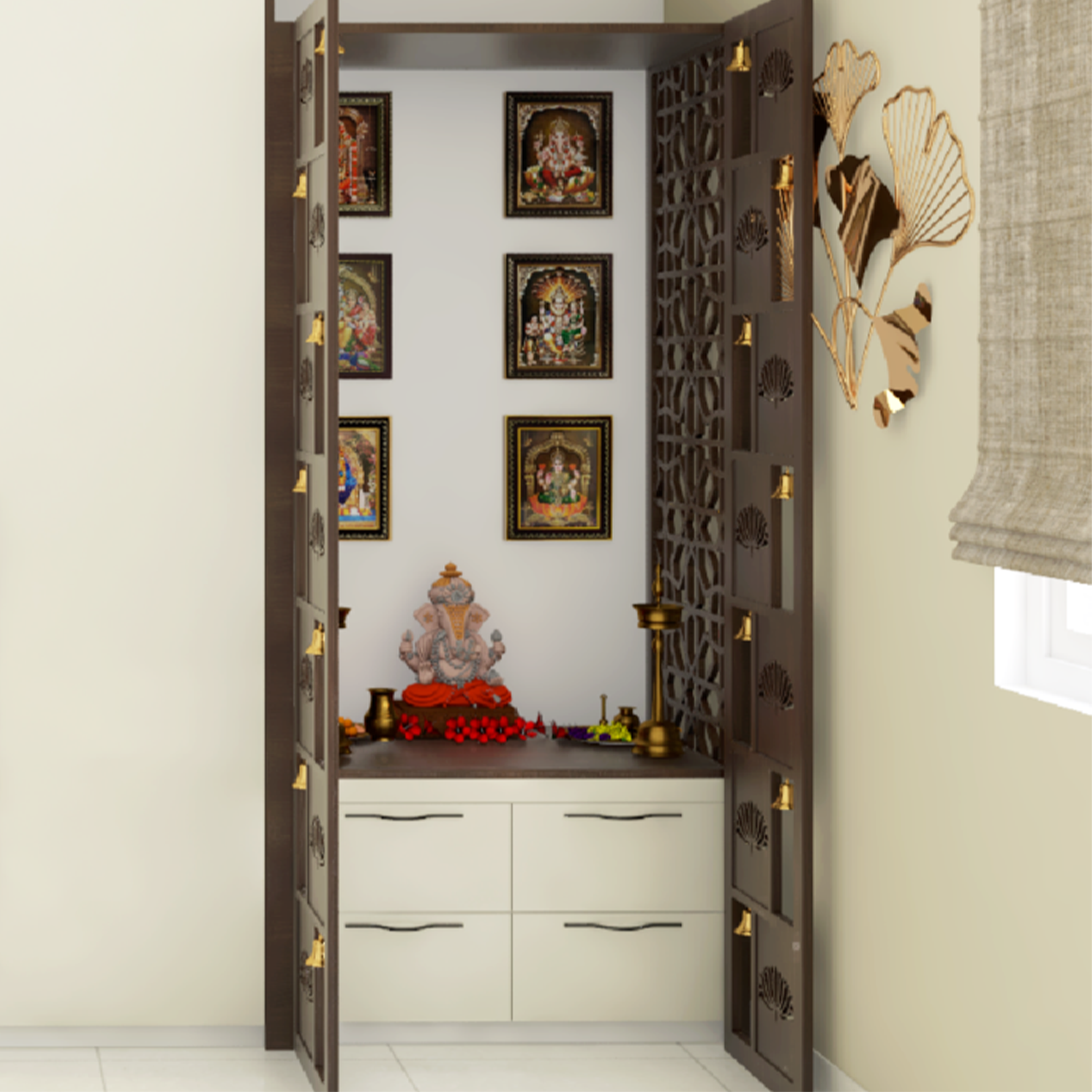 Modern Compact Pooja Room Design Idea with Jali Pattern and Door