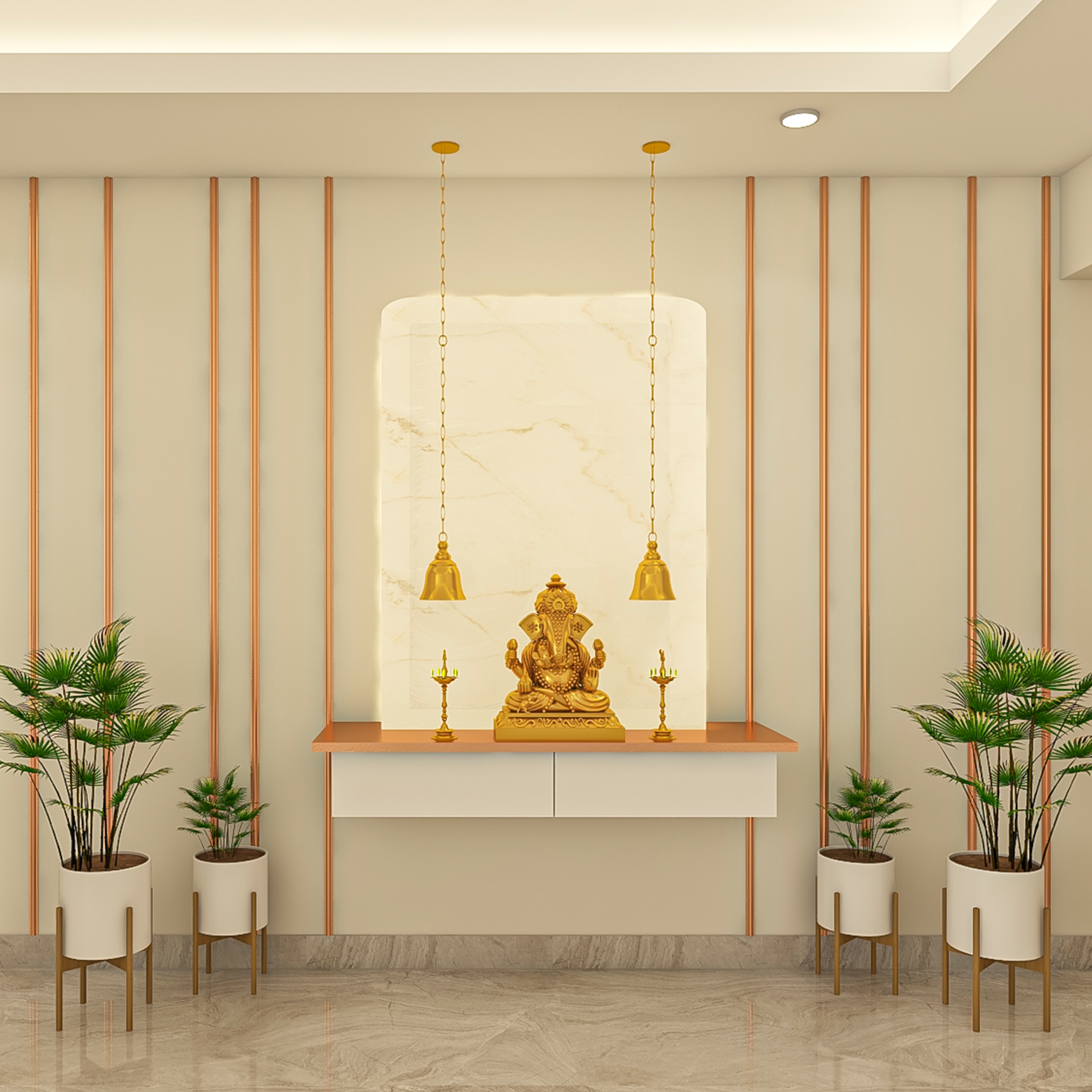 Modern Compact Pooja Room Design with Planters and Backlighting