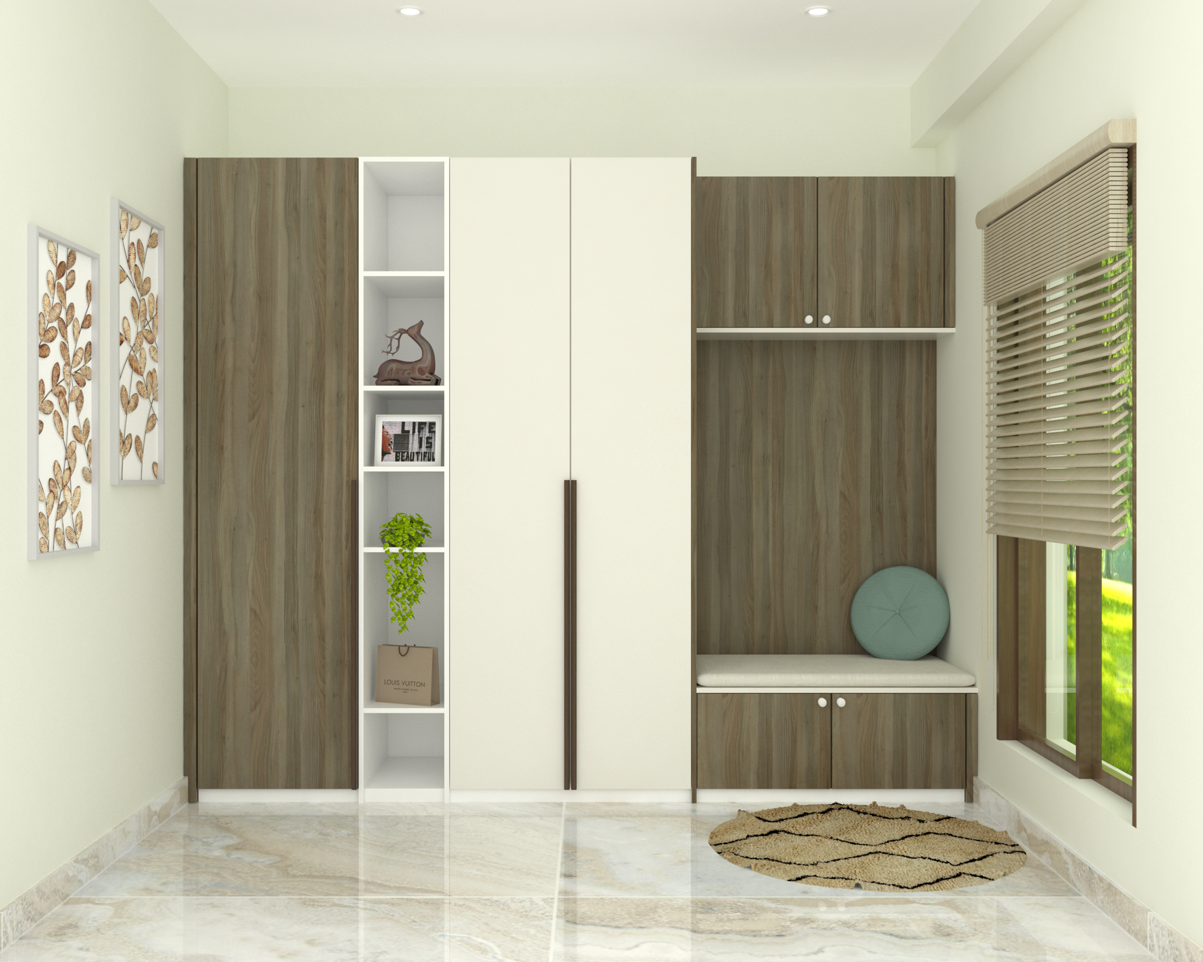 Modern Wardrobe Design with Open Ledges and Seating
