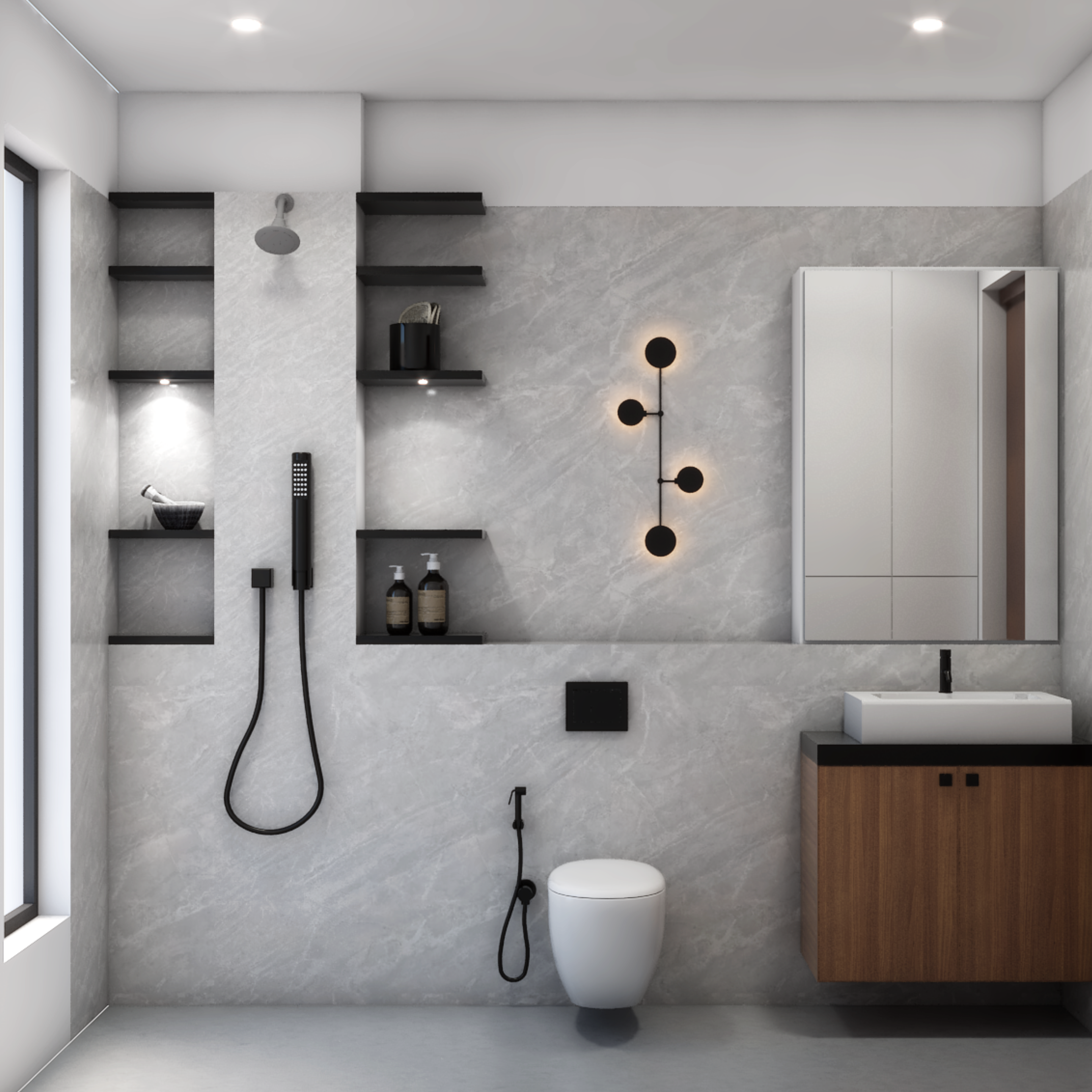 Modern Grey-Themed Spacious Bathroom Design With Black Fittings